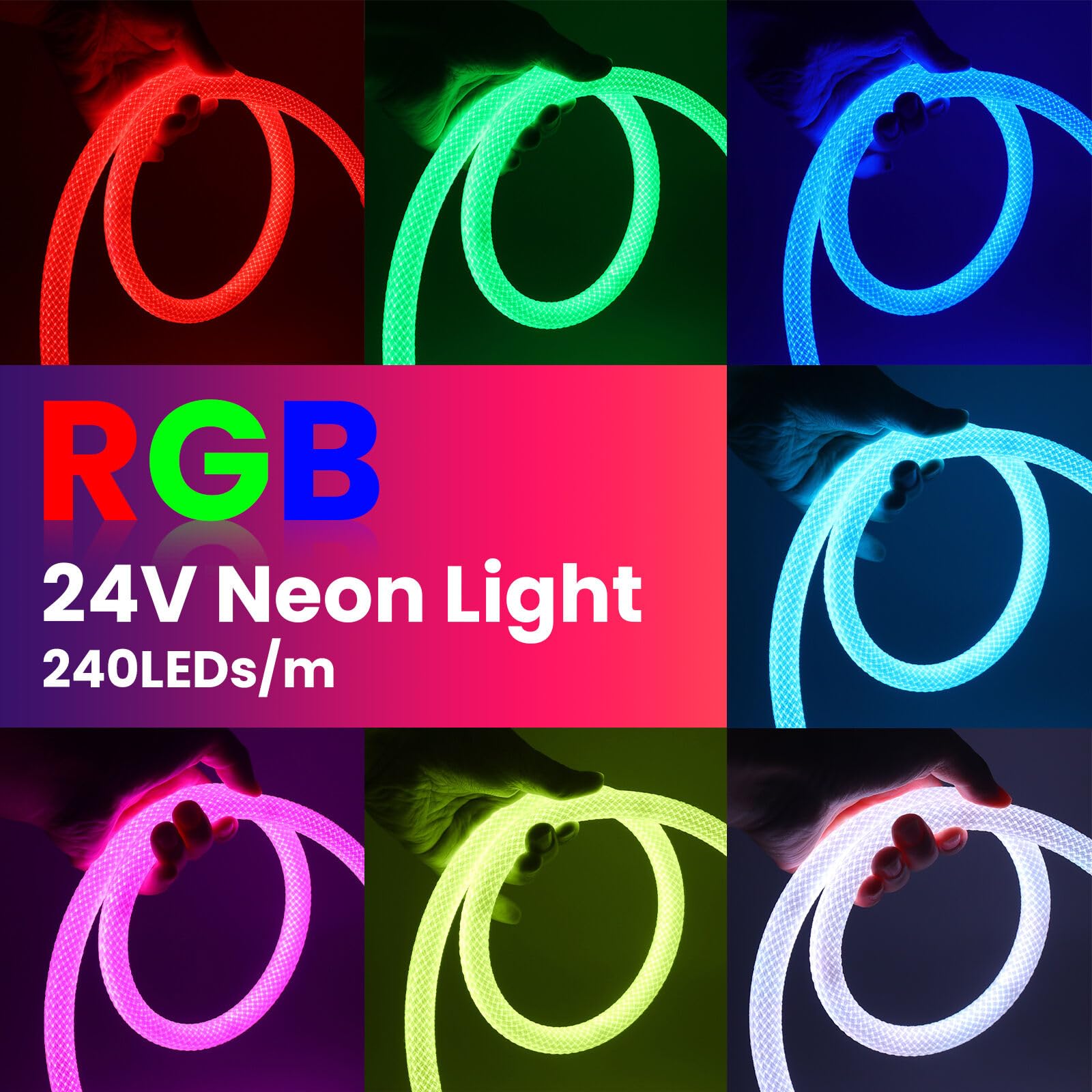 24V RGB 3535 Neon Streifen, 360° Rund IP67 Wasserdicht 4pin LED Strip für Wohnzimmer Schlafzimmer Party Wand Deko Innebereich Außen. (Stromversorgung nicht enthalten)