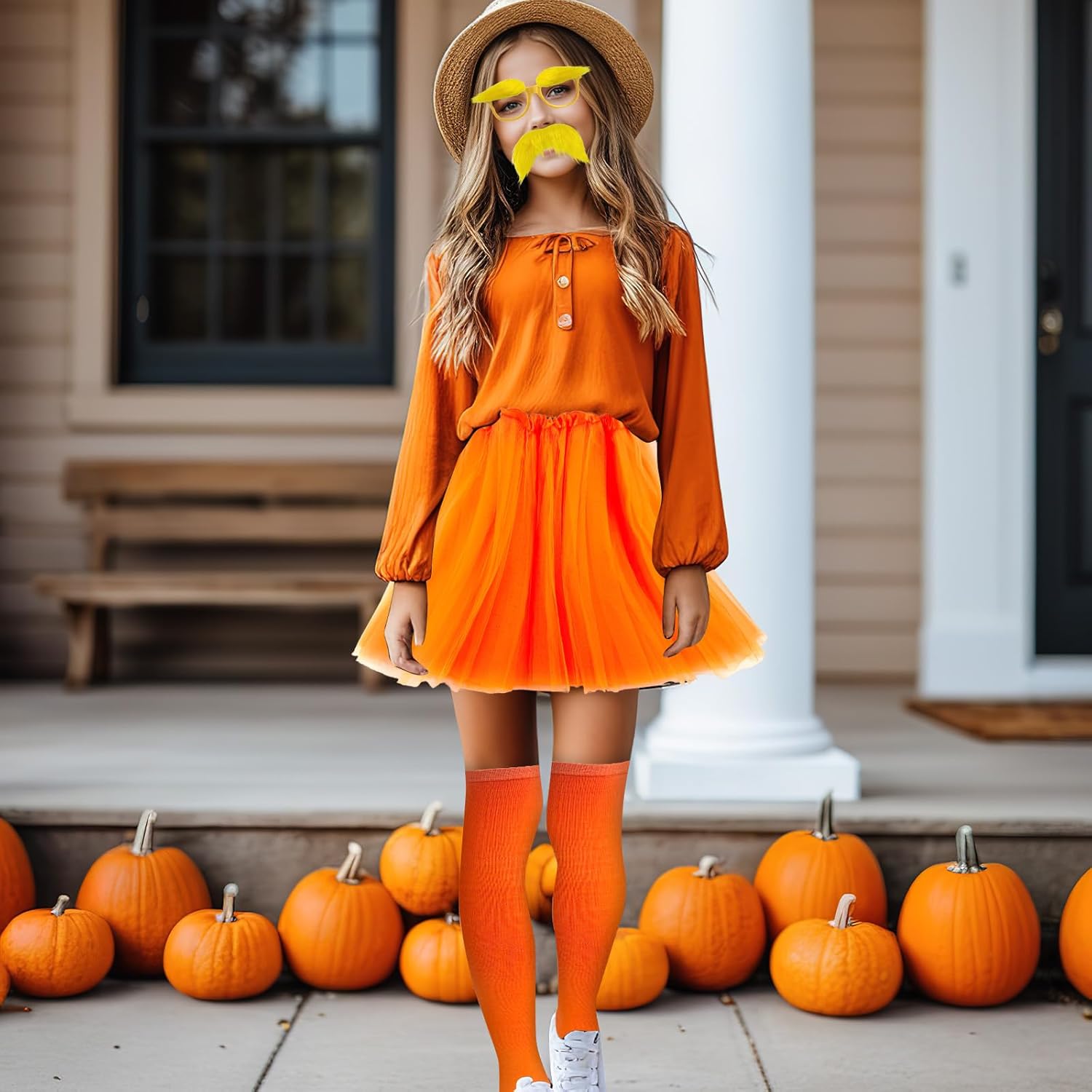 Yellow Mustache and Eyebrows With Glasses Orange Tutu Skirt Headband Socks Gloves Set, Halloween Costume for Adult - Image 3