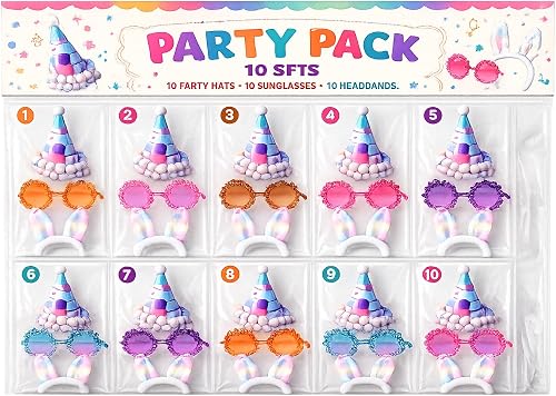 Kids Party Favour Pack 10 Sets with Hats, Sunglasses & Headbands | LED Bunny Ear Headbands, Flower Sunglasses, Pom-Pom Party Hats, Pastel Theme, Photo Booth Props