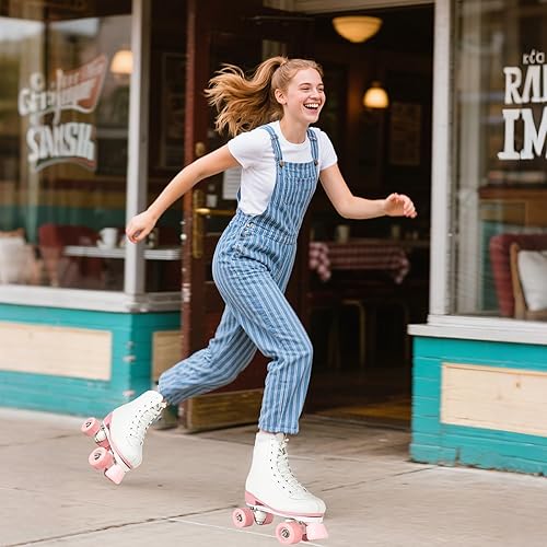 Miniatura 2 de YYW Patines de ruedas para mujeres y niñas, patines de derby de luces, patines de cuero sintético de doble fila, patines negros y rosas, para Blanco