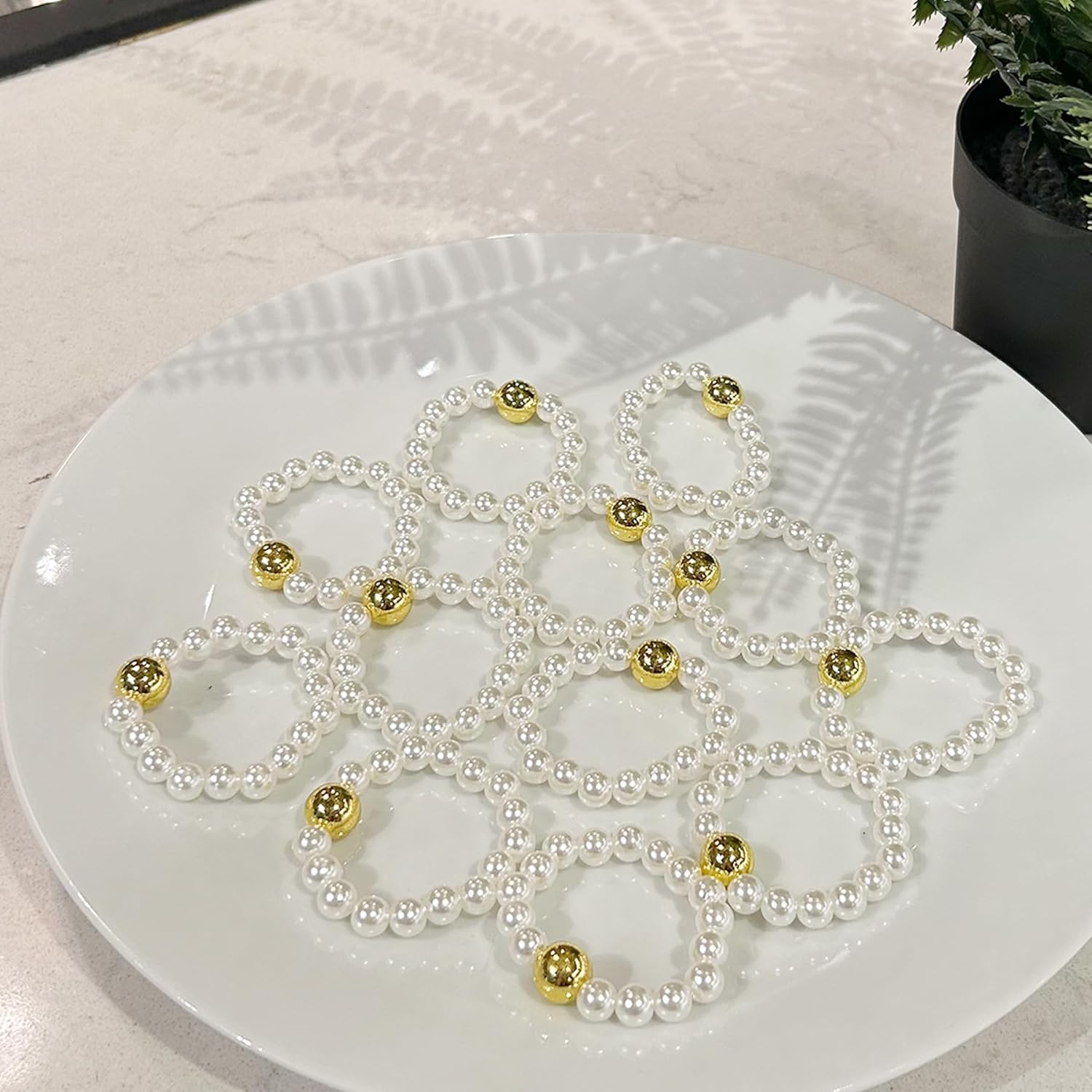 100Pcs Pearl Disposable Napkin Rings with Gold Bead Elegant Elastic Napkin Holder for Wedding Party Dinner Table Decor