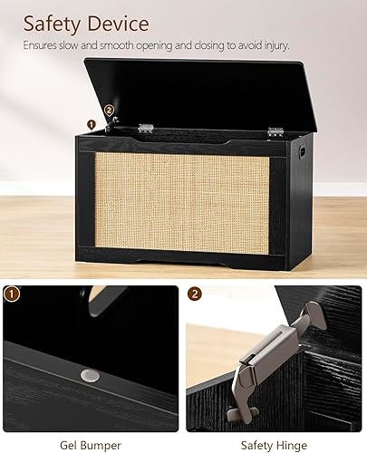 Miniatura 5 de usikey Baúl de almacenamiento de 29.5 pulgadas con ratán, caja de almacenamiento de madera con bisagra de seguridad y parachoques de gel, banco de