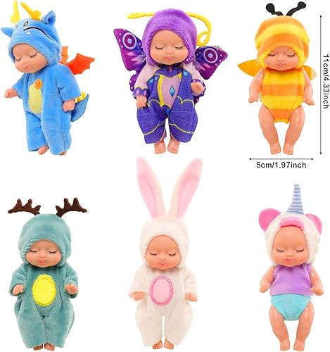 Miniatura 5 de ENOCHT Juego de 6 muñecas pequeñas de 4 pulgadas, muñecas de bebé realistas, bebés recién nacidos con ropa de animales, regalos para niñas, niños,