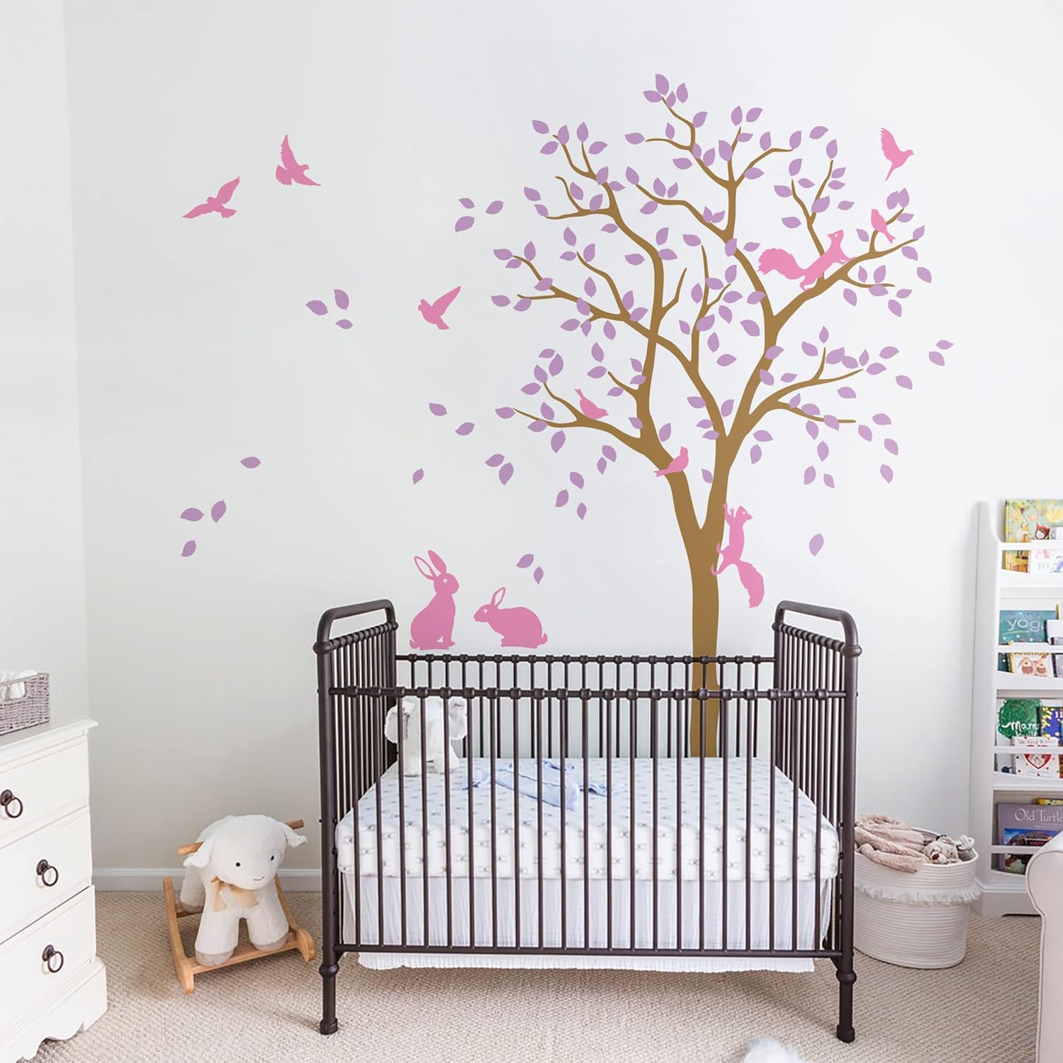 Large Tree Wall Decal Sticker with Birds, Squirrels and Rabbits Bunnies Nursery Mural Decoration 095 (Black, White)