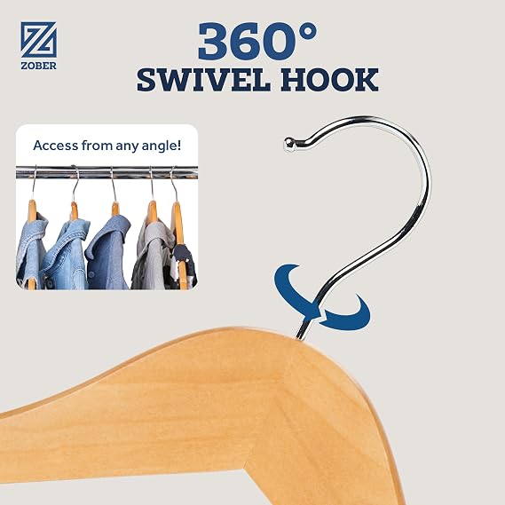 ZOBER High-Grade Wooden Hangers - Heavy Duty, Non Slip Wood Hangers for Coats, Jackets, Suits, Pants - Clothes Hangers for Closet W/Bar and Notches 20 Pack