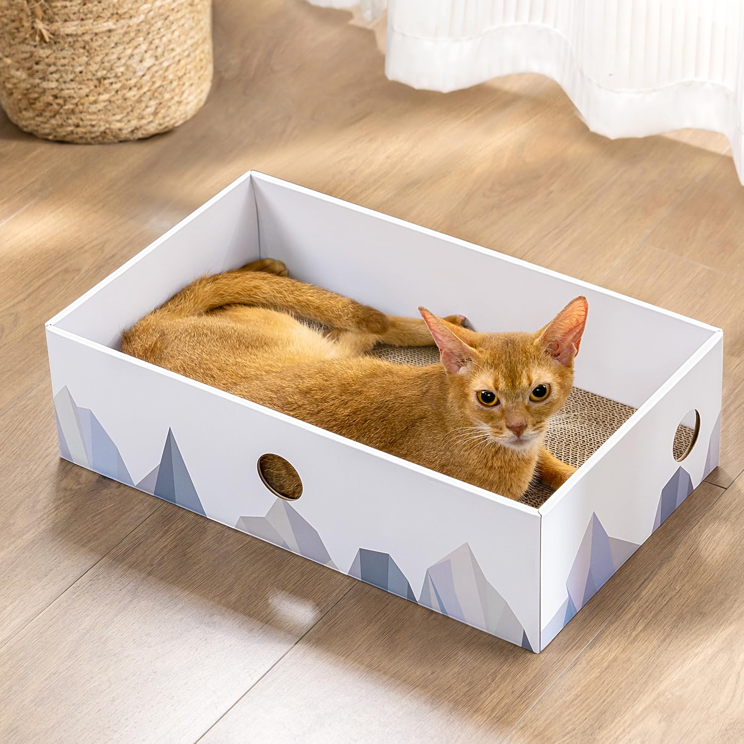 Conlun Rascador para Gatos con Caja, Rascador Gato Grande y Resistente, Doble Cara, Agujeros Interactivos, Zona de Descanso Antisuciedad para Interior (1 Unidad, Grande, Blanco) — view 6