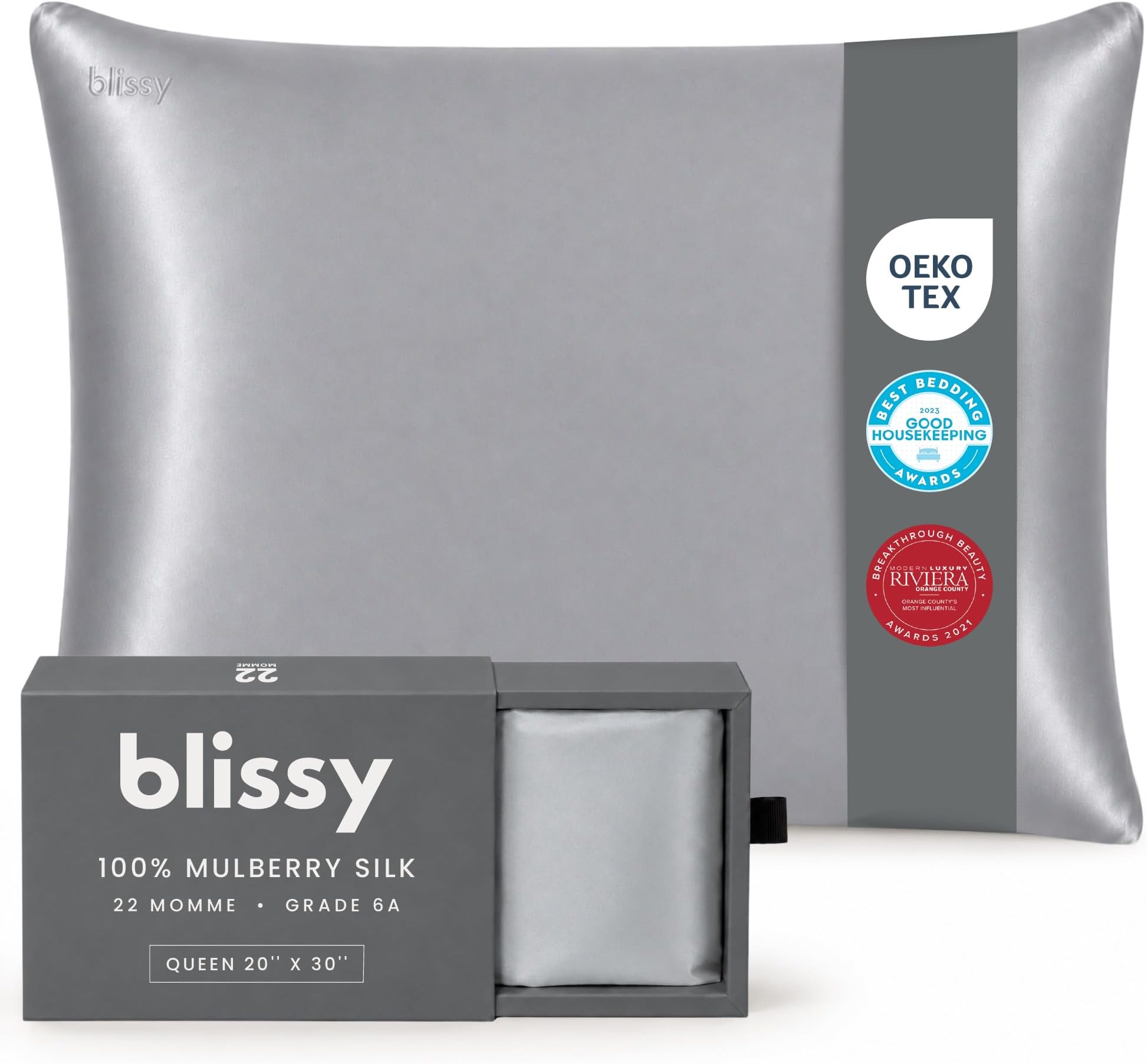 Blissy Silk Pillowcase - 100% Pure Mulberry Silk - 22 Momme 6A High-Grade Fibers - Silk Pillow Cover for Hair & Skin - Regular, Queen & King (Silver, Queen)