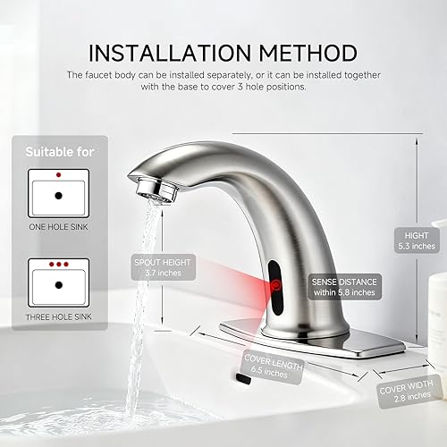 Miniatura 12 de Grifo de baño sin contacto de 3 o 1 agujero, grifo de fregadero con sensor de movimiento, grifo de agua manos libres de hospital con mezclador