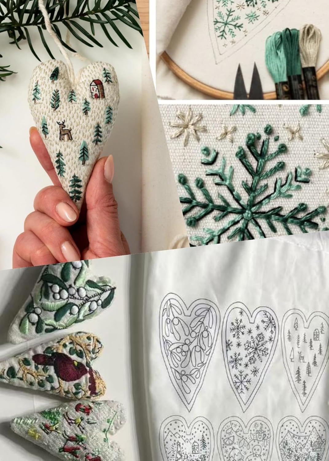 Christmas Heart-Shaped Embroidery Kit, Beginner Embroidery Kit for Adults, Hand Embroidery Starter Kits with Stamped Embroidery Xmas Pattern for Decor Home Room-8PCS