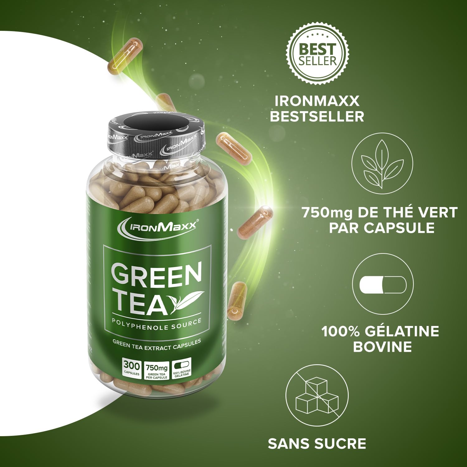 IronMaxx – Extrait de Thé Vert en Gélules – 300 Capsules – Complément Alimentaire Minceur & Brûle-Graisse