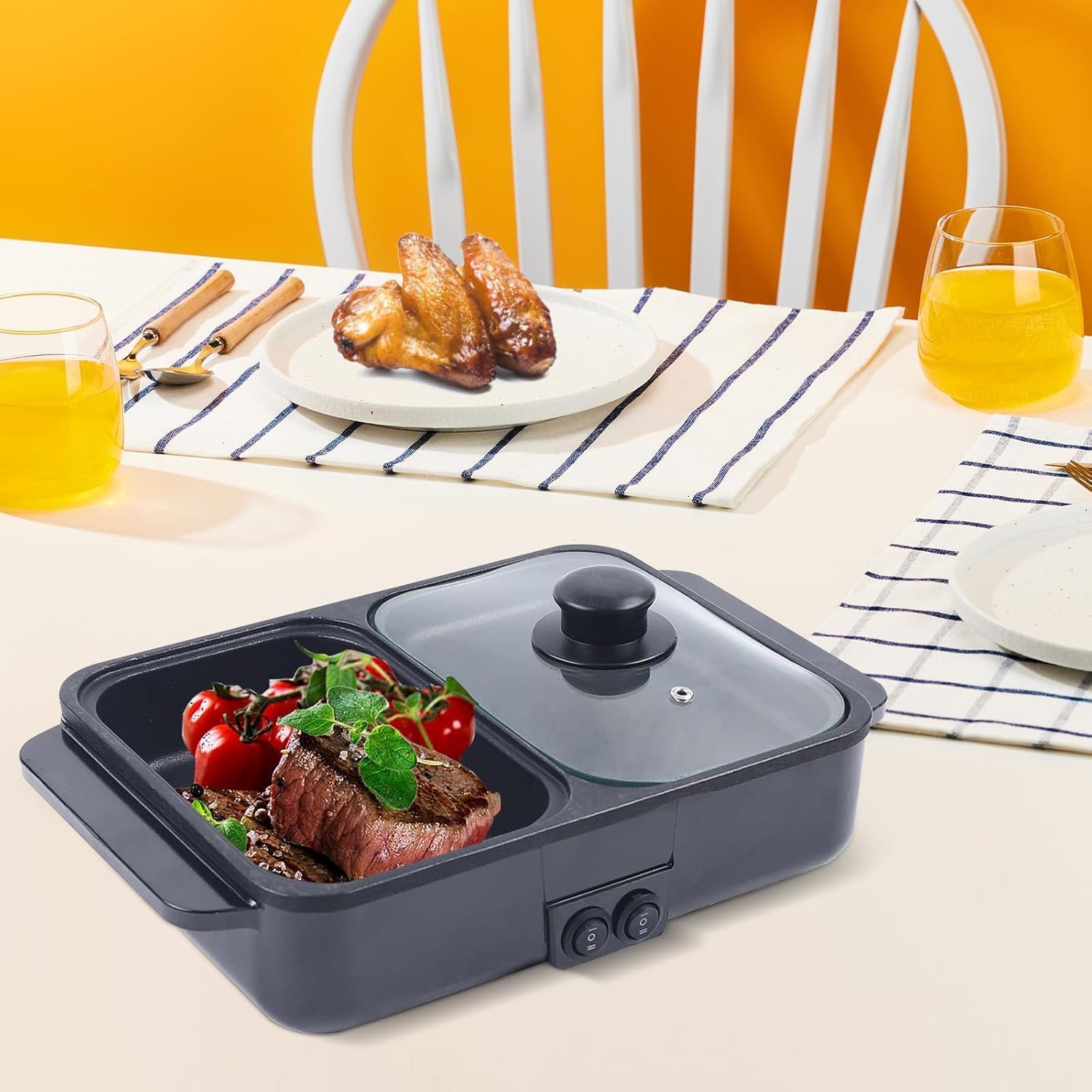 Hot Pot Eléctrico con Parrilla, 2 en 1, Antiadherente, Control Dual de Temperatura