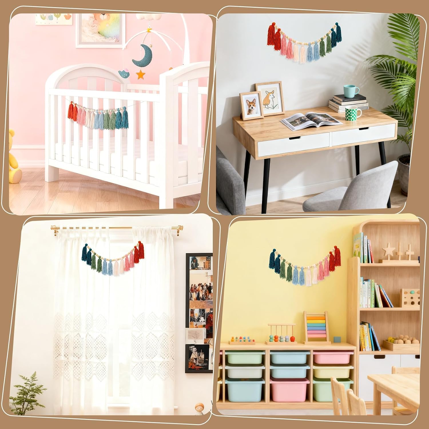 Tassel Garland with Wood Beads - Boho Garland Tassels for Decoration,Colorful Wall Hanging Decor for Bedroom Classroom Birthday Party and Warm Home Wall Decor