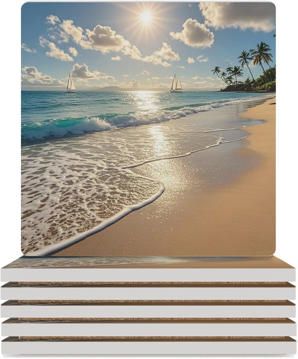 Hawaiian Summer Coasters Absorbent Ceramic Coasters for Drinks Coaster with Cork Backing for Table Protection Square Drink Cup Mat Modern Style Coaster for Coffee Table
