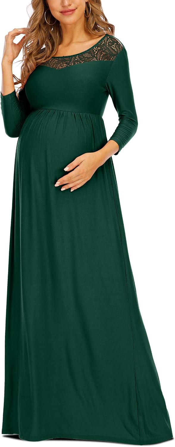 Peauty Floral Lace Neckline Maternity Dress Maxi Dress for Baby Shower Maternity Photoshoot Casual