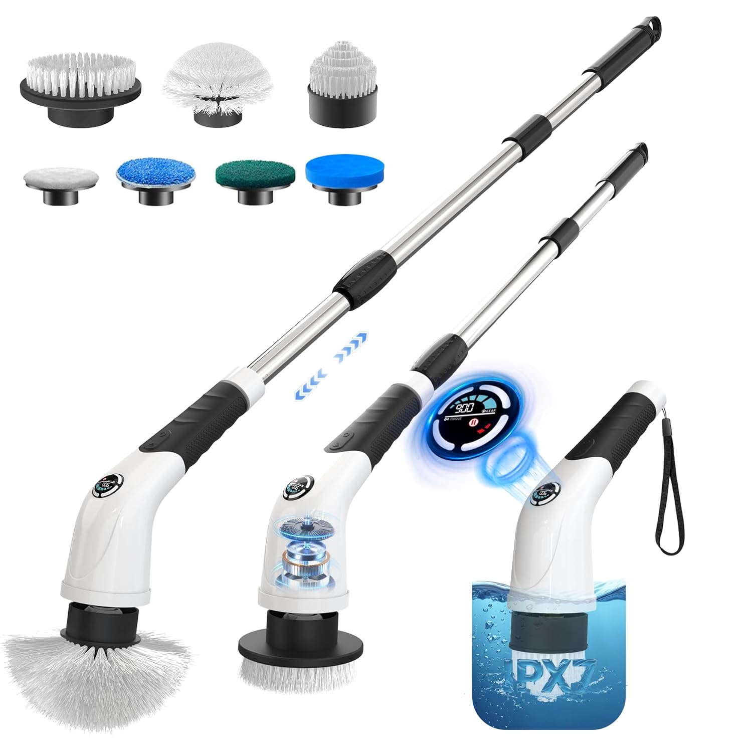 Cordless Electric Spin Scrubber IPX7 Waterproof Rechargeable Power Cleaning Brush with 4000mAh Battery 210min Runtime 7 Brush Heads