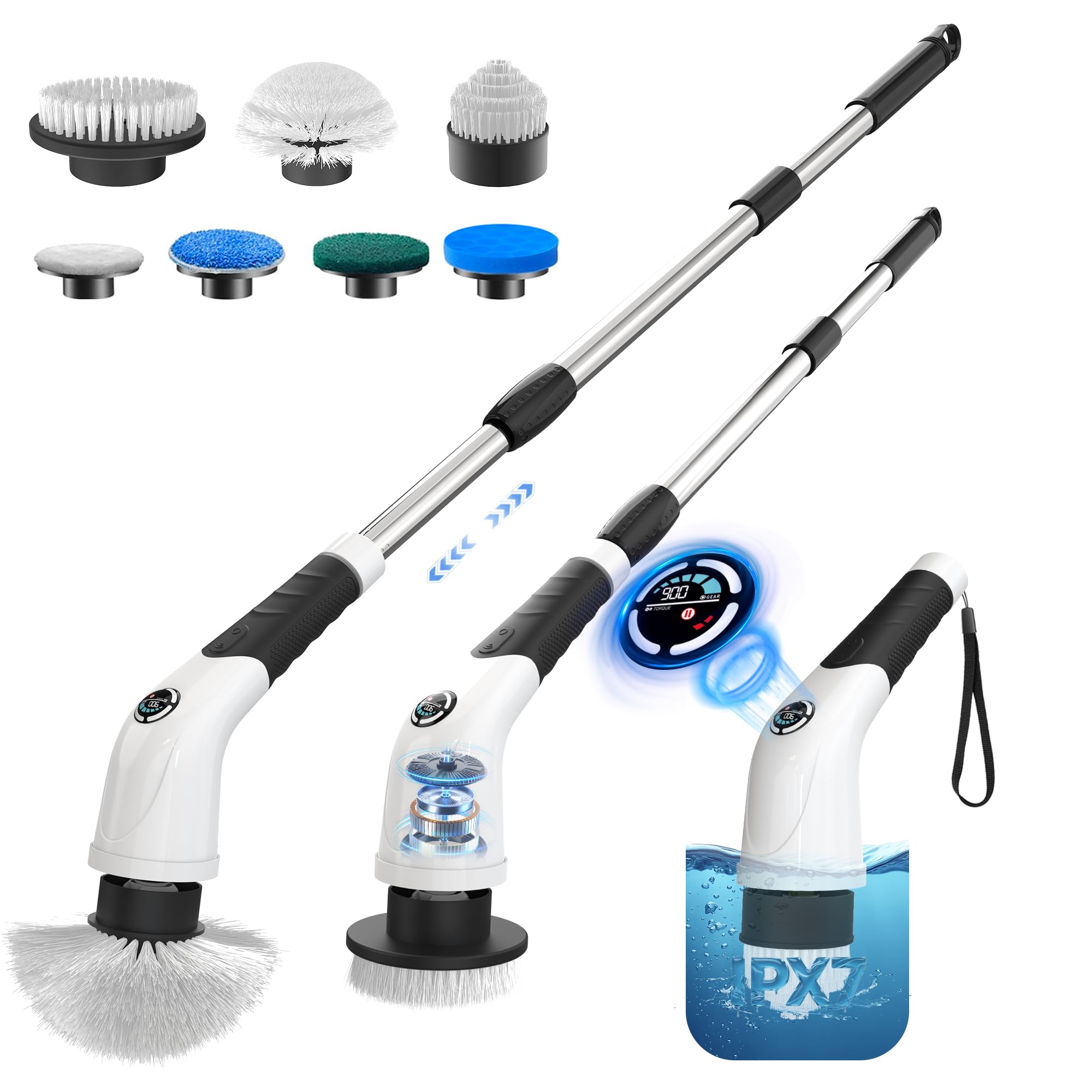 Cordless Electric Spin Scrubber IPX7 Waterproof Rechargeable Power Cleaning Brush with 4000mAh Battery 210min Runtime 7 Brush Heads