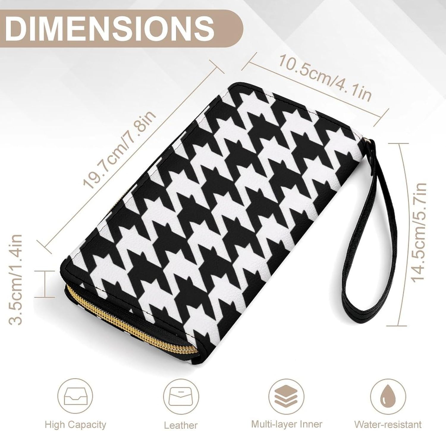 Houndstooth BlackPrint Long Wallets PU Leather Clutch Purse Card Holder Wallet, with Wristlet Zip Around Long Wallet for Women & Men - Image 2