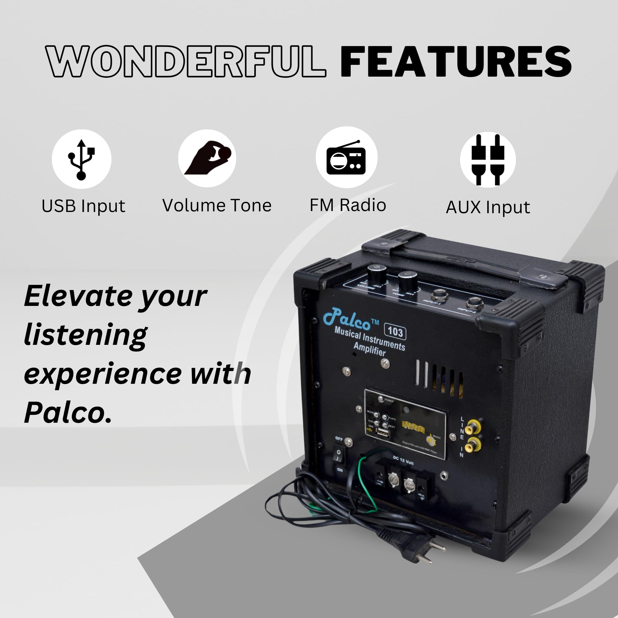 PALCO M103USB Combo Amplifier with FM and USB Support, Home Audio Stereo 2 Channel Digital Amplifier Receiver, Built-in Equalizer with Bass, Treble & Balance Control (Black) - Image 5 thumbnail