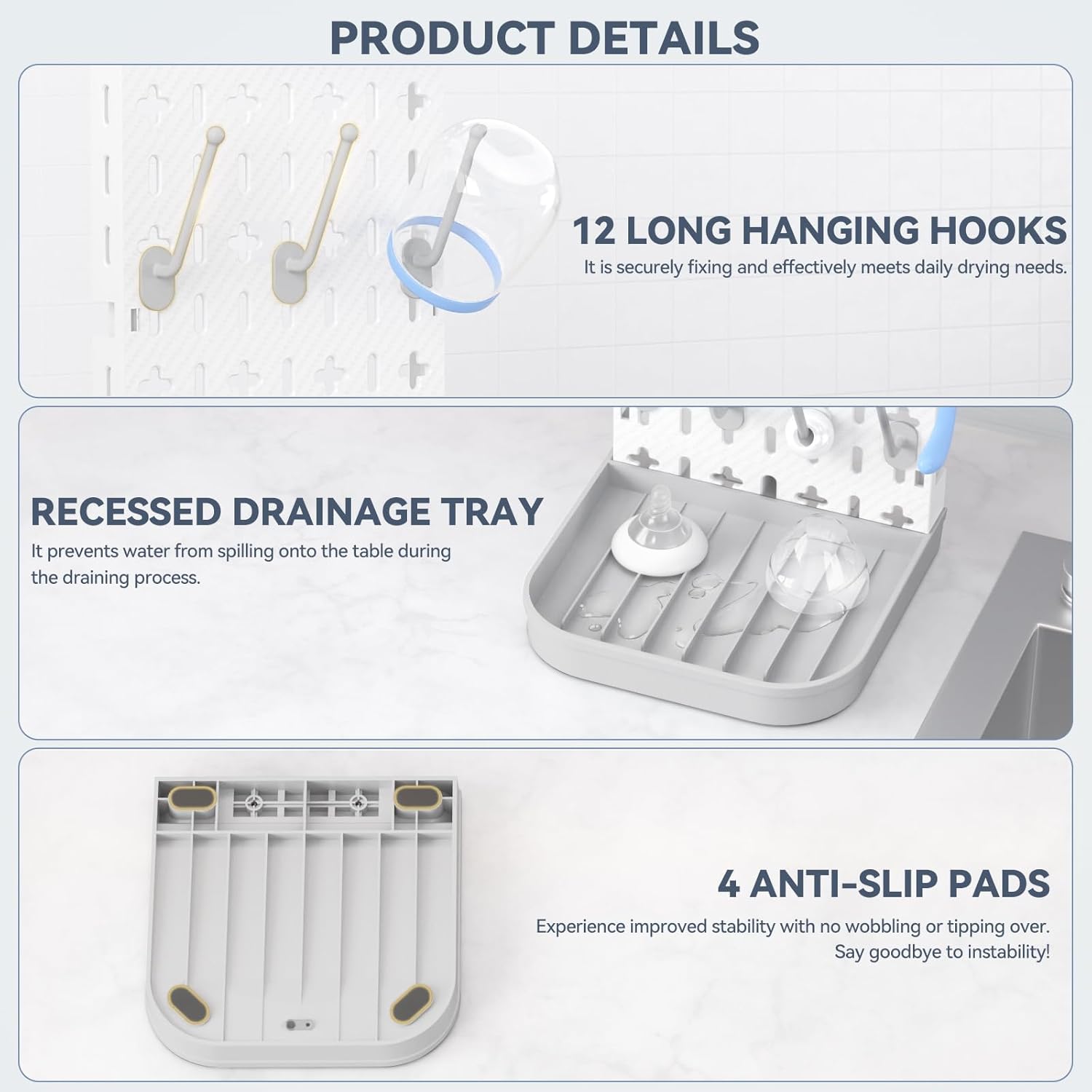 Baby Bottle Drying Rack Baby Bottle Holder Space Saving Bottle Dryer Rack Station Countertop Storage Organizer 12 Travel Bottle Drying Rack Vertical Breast Pump Part Plastic Bag Cup Dryer Tower Grey