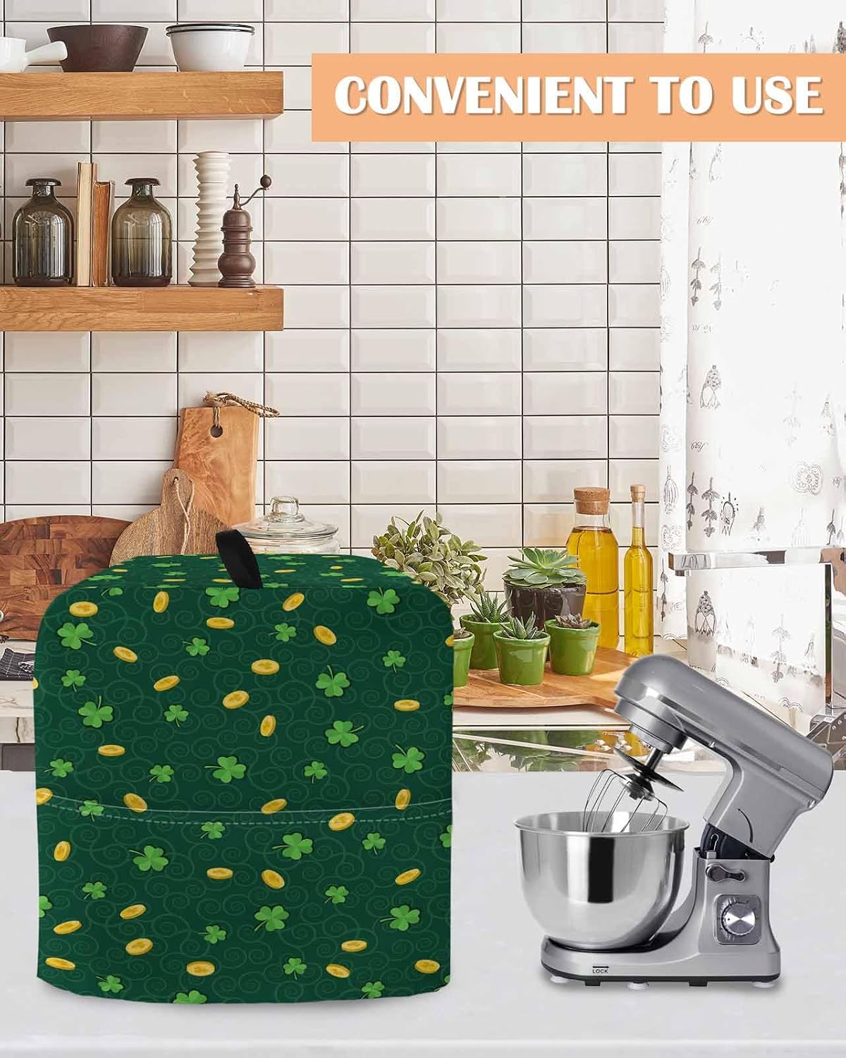 St. Patrick's Day Stand Mixer Cover with Storage Pocket, Waterproof Kitchen Mixer Covers, Lucky Shamrock Gold Coin Minimalist Green Kitchen Appliance Dust Cover Compatible with 6-9 Quart Mixers