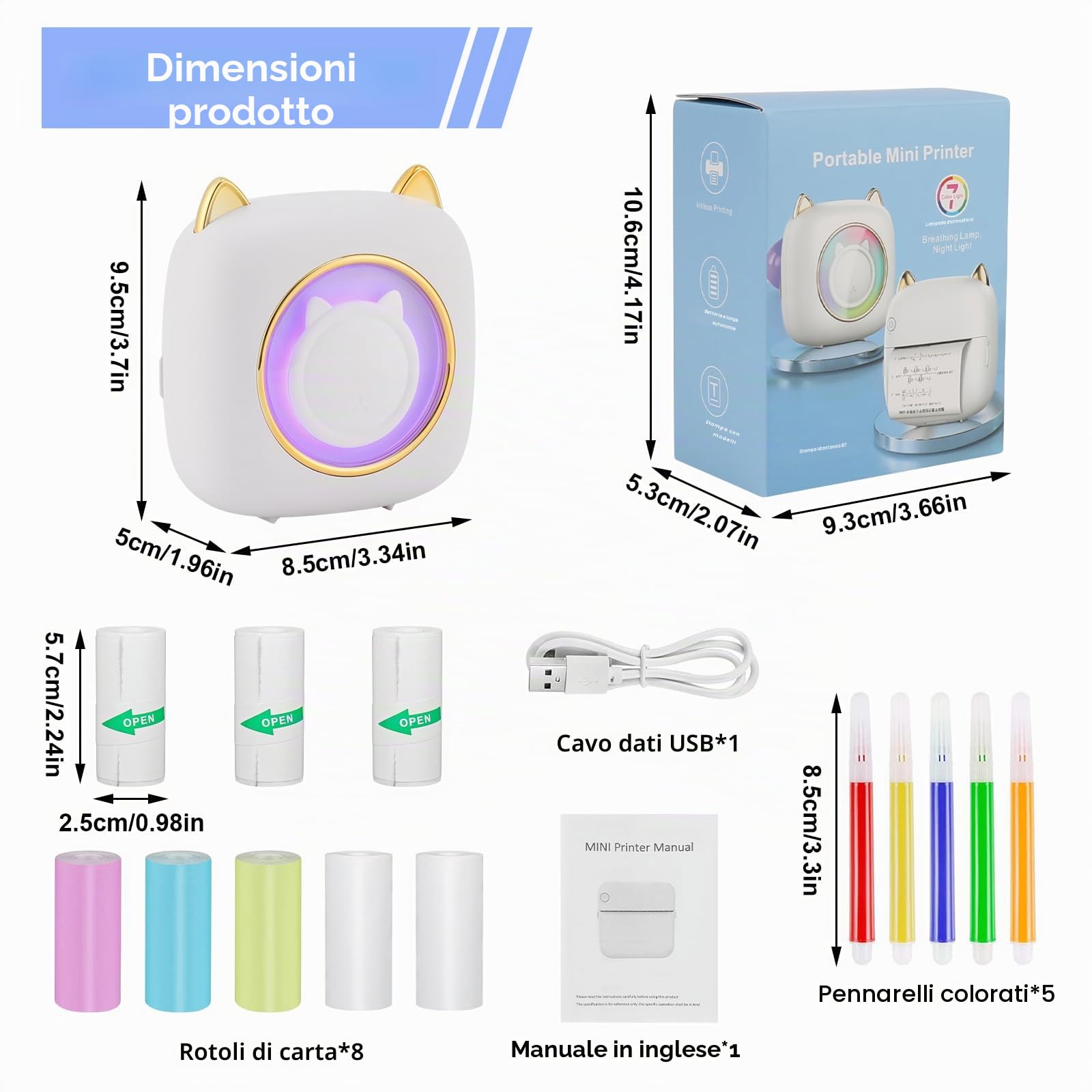 GuKKK Mini Stampante Fotografica, Mini Stampante Termica con LED colorati, Stampante Fotografica Istantanea Portatile, Mini Stampante Termica Bluetooth Ricarica USB, per Note, Diario, Elenco