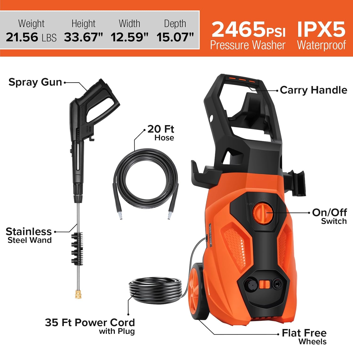 BILT HARD Pressure Cleaner 2465 PSI, Power Washer with Built-in Soap Tank, 4 Quick-Connect Nozzles, GFCI Safety Plug, High-Power Cleaning Machine for Cars, Driveways, Home Use