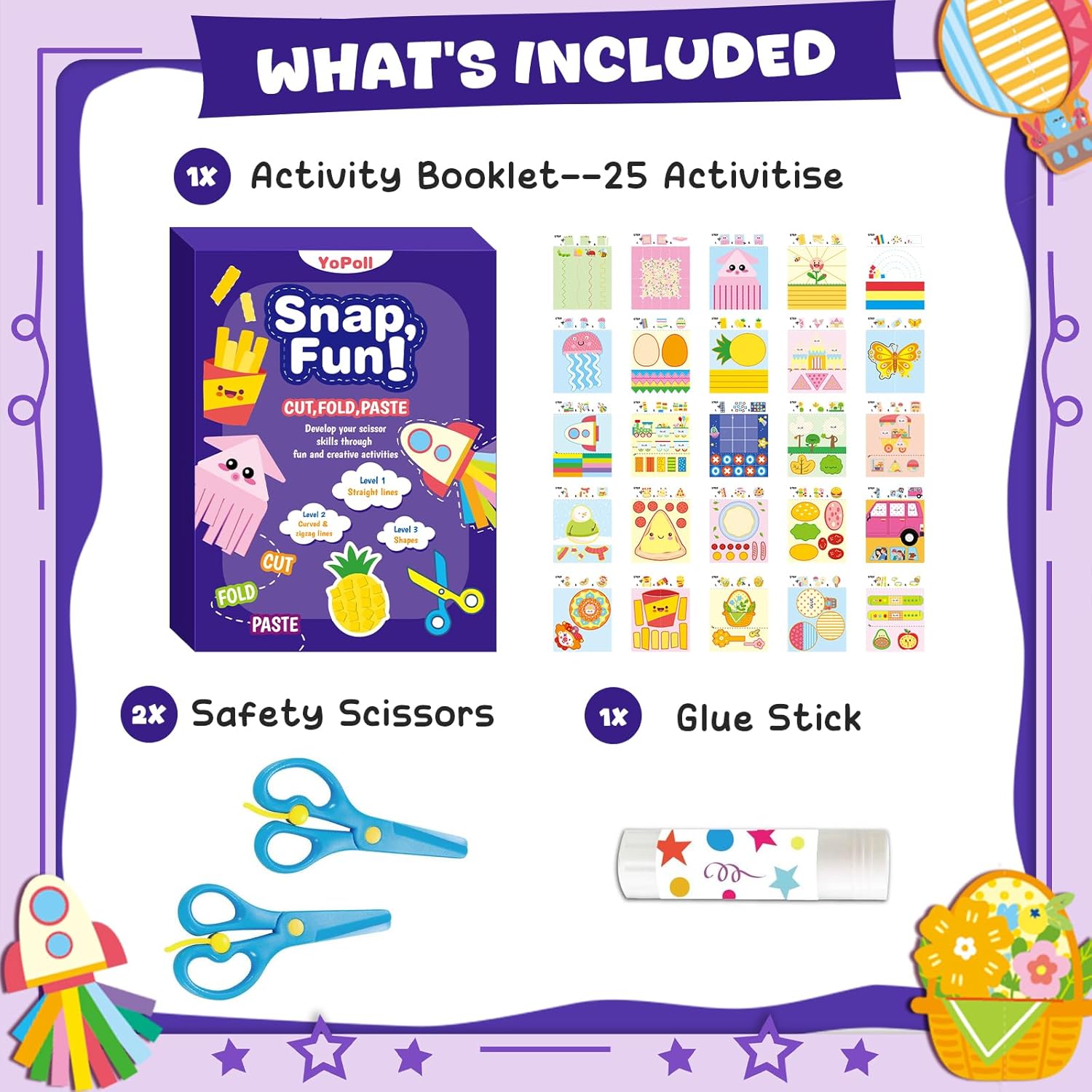 YoPoll Scissor Skills Activity Book for Kids, Toddler Arts and Crafts Kit with 2 Safety Scissors, Preschool Learning Toy for Fine Motor Skills and Creative Cutting Practice, Fun Gift for Boys & Girls - Image 2