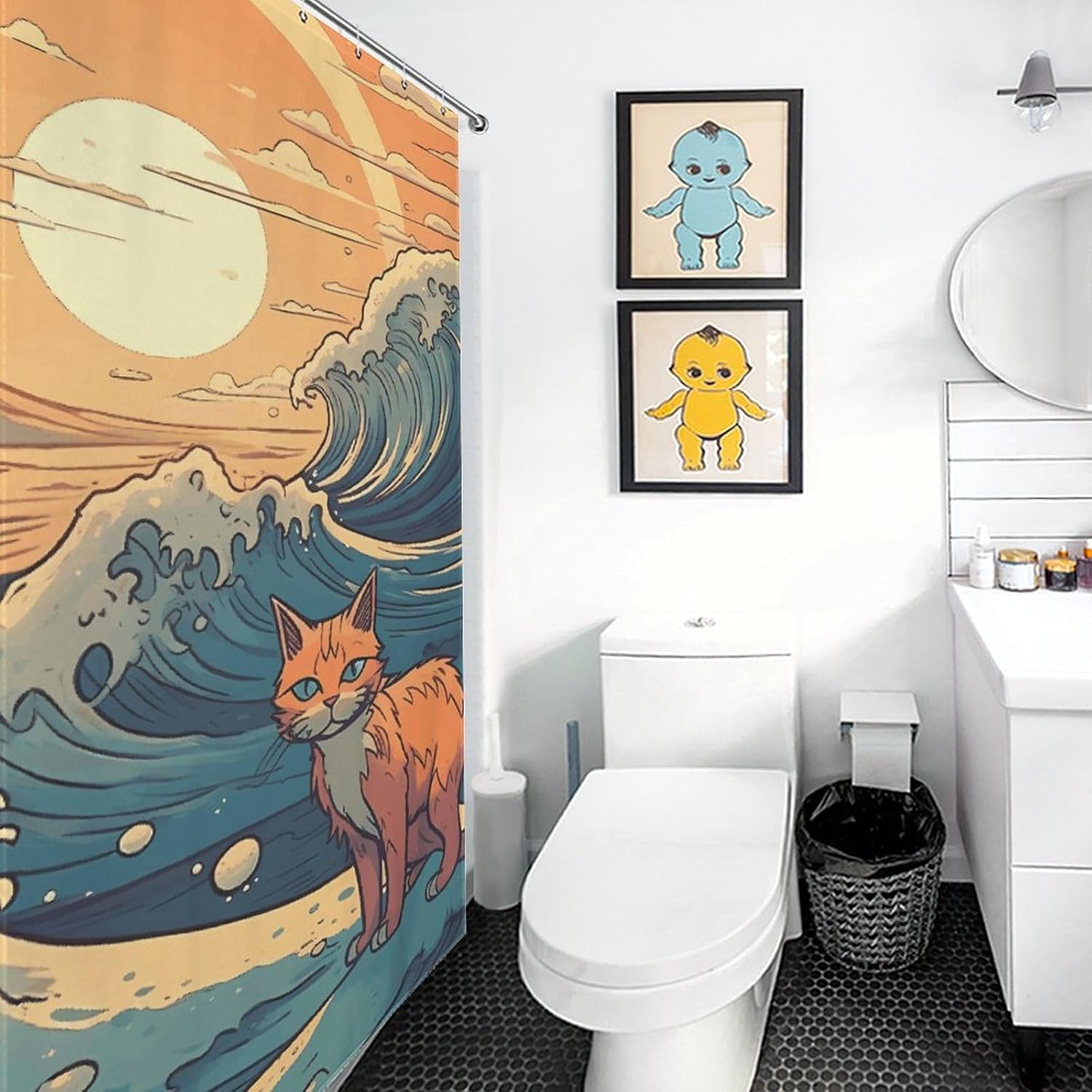 Anime Style Cat Shower Curtain Extra Long Bathroom Shower Curtains with 12 Hooks Waterproof Boho Bath Curtains Funny Farmhouse Fabric Shower Curtain Sets for Bathroom Decor 36x72Inch（92x183cm） image 5