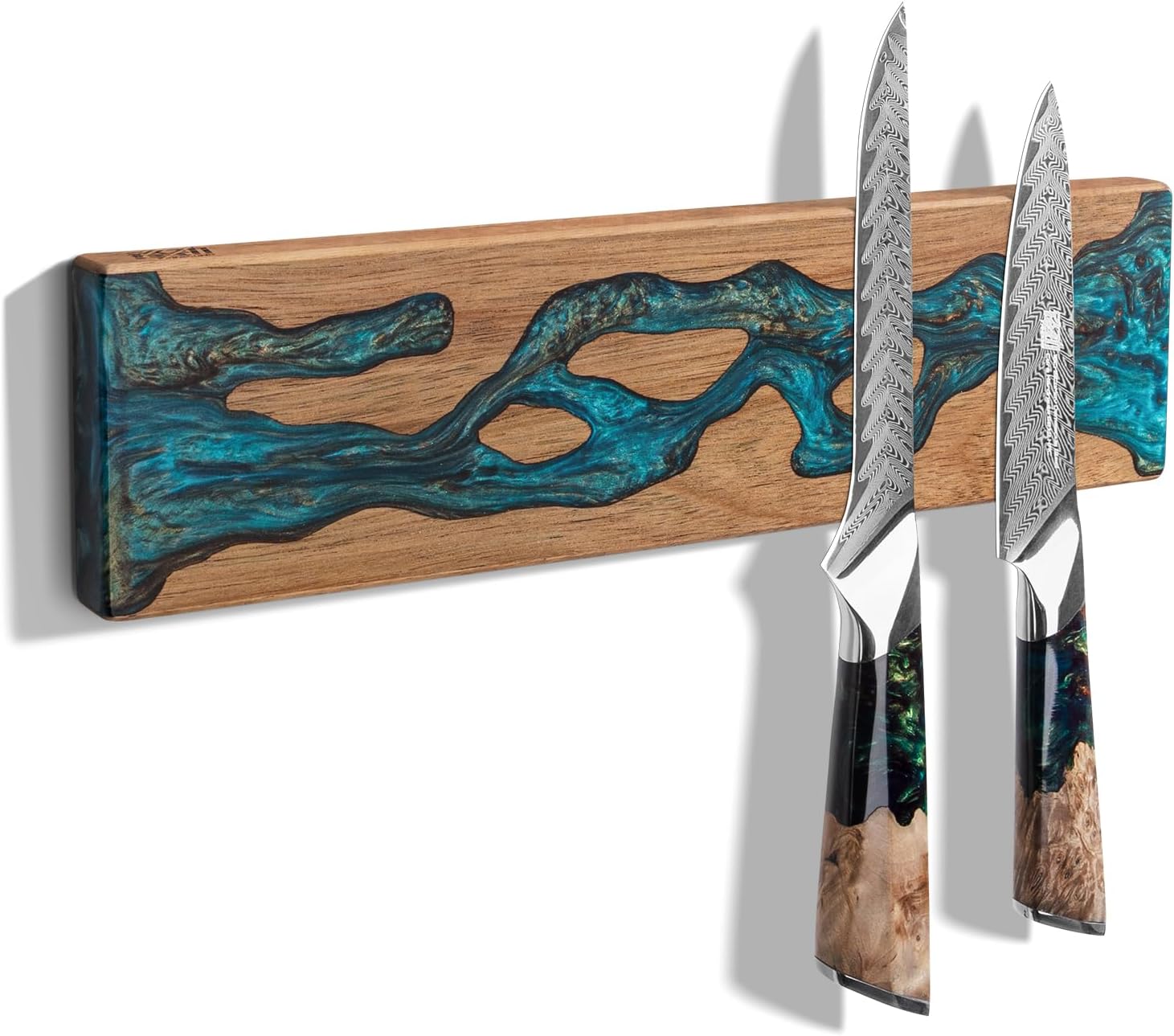 FINDKING Magnetic Knife Strip for Wall, Solid Acacia Wood with Mineral Blue Resin Inlay, Wall-Mounted Knife Holder with Strong Magnetic Hold, No-Drill Adhesive Mount (12 Inch)