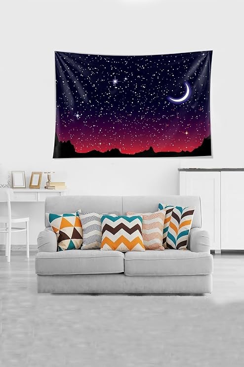 Ontheclouds Mor Ay Ve Yıldız Leke Tutmaz Kadife Kumaş Duvar Örtüsü Duvar Halısı Tapestry, 70 x 100