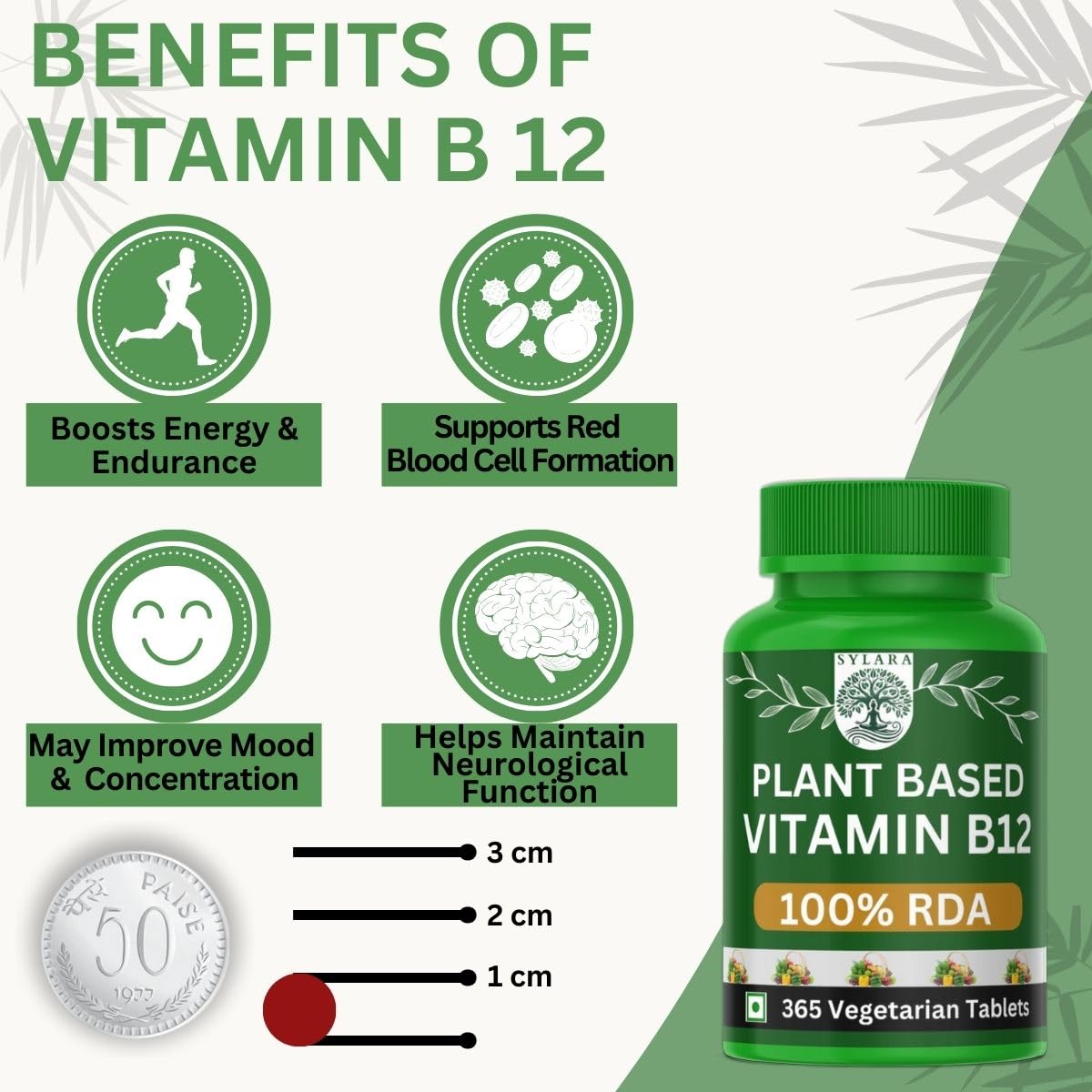 SYLARA Vitamin B12-365 Tablets - 100% RDA [Lab Tested] Plant based Methylcobalamin Capsules Supplements — Amazon image 4
