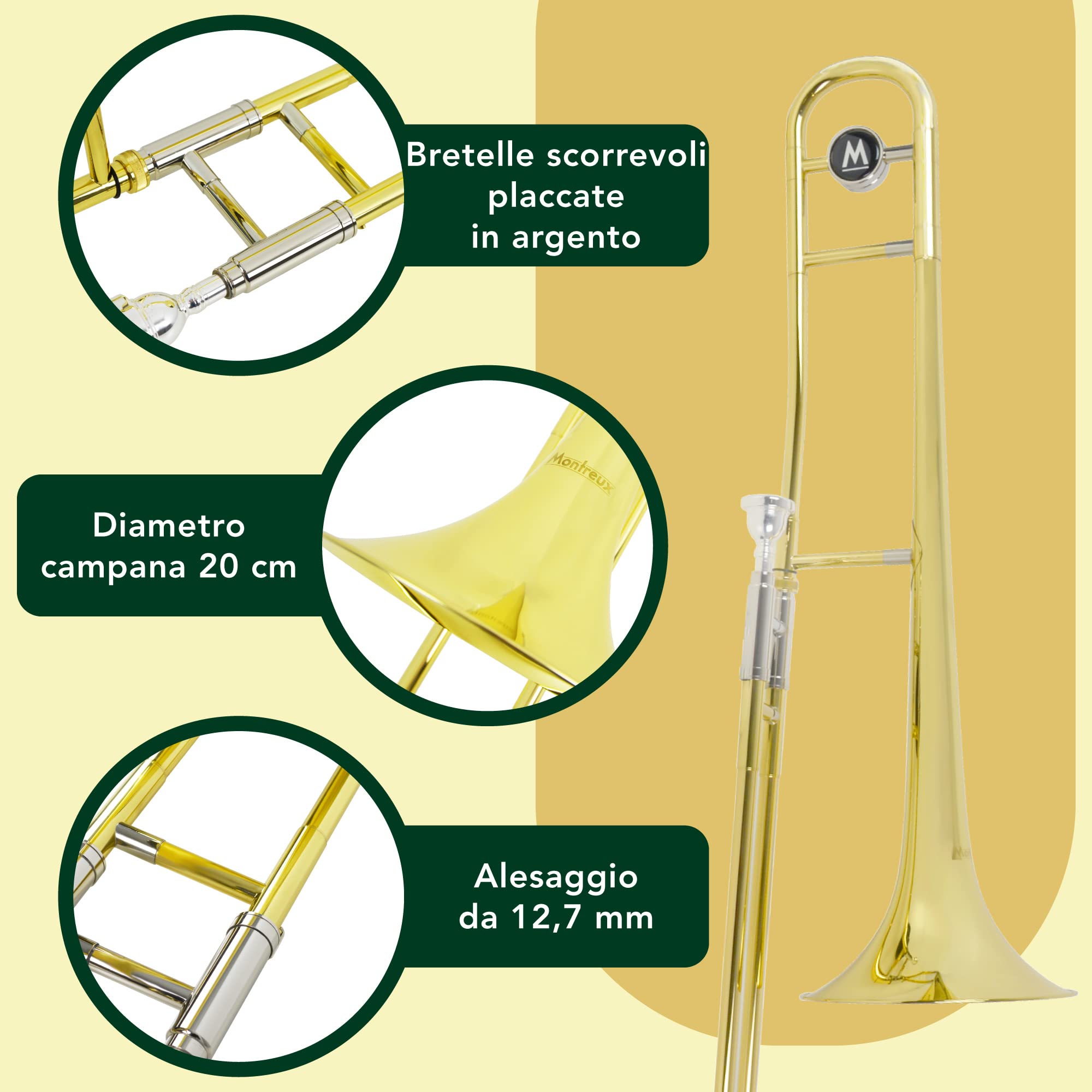 Montreux Student Trombone in Sib per Principianti con Custodia Protettiva Leggera, Bocchino 12C - Ottone Laccato, Campana da 8"/20 cm, Si Bemolle