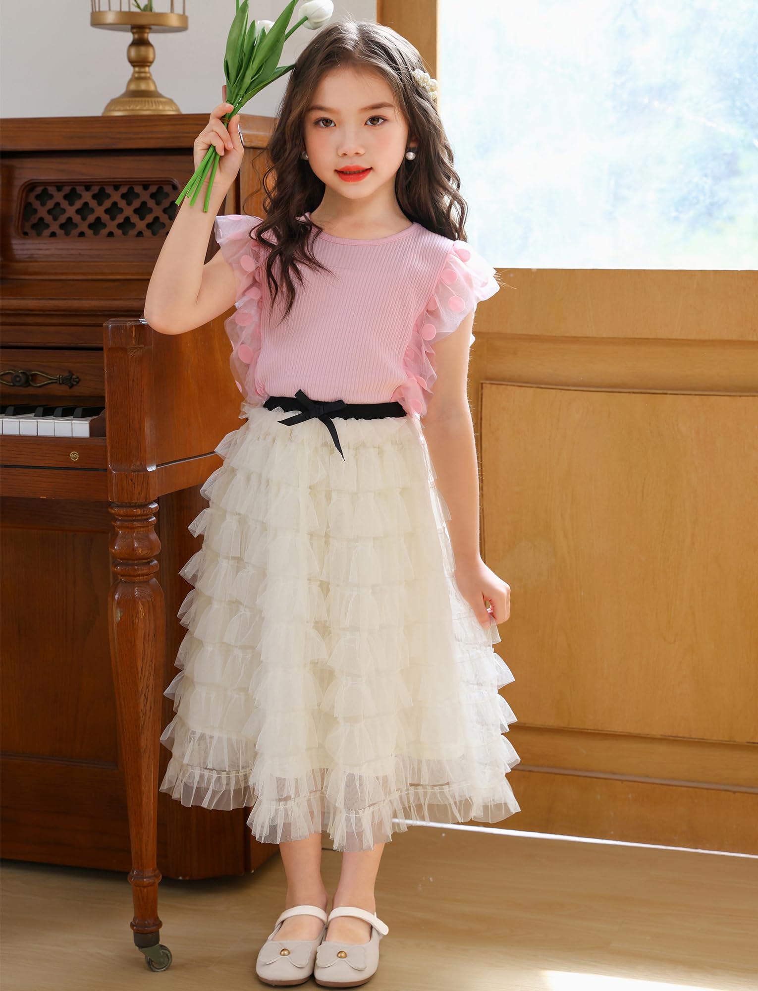 FEOYA Falda larga de verano para niña, falda de tul para niños, falda midi de cintura alta, falda de baile de cintura alta, falda plisada de varias capas, elegante falda casual para fiestas, falda de