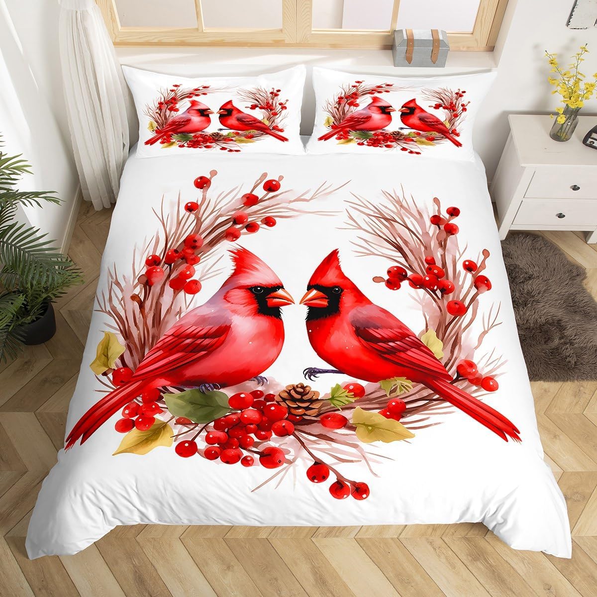 jejeloiu Red Cardinals Bedding Set Full Size Kids Pine Cones Comforter Cover Set for Boys Girls Teens Cute Birds Duvet Cover Romantic Love Bedspread Cover Room Decorations Quilt Cover