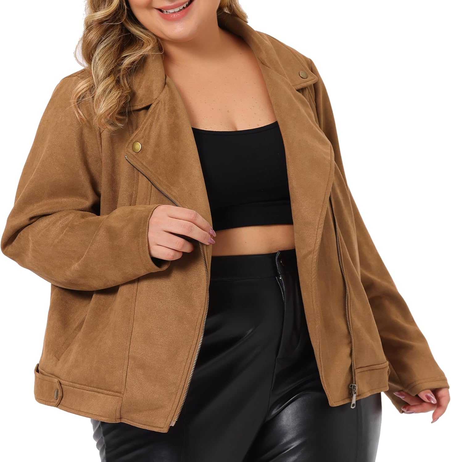 Agnes Orinda Plus Size Women Faux Suede Jacket Moto Biker Zipper Bomber Crop Coat Jacket Halloween