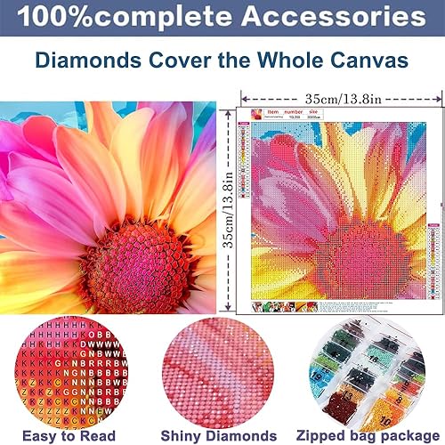 Miniatura 2 de HSENJT Kits de pintura de diamantes 5D para adultos, arte de diamantes de flor de gerbera, 14 x 14 pulgadas, kit de pintura de diamantes redondos