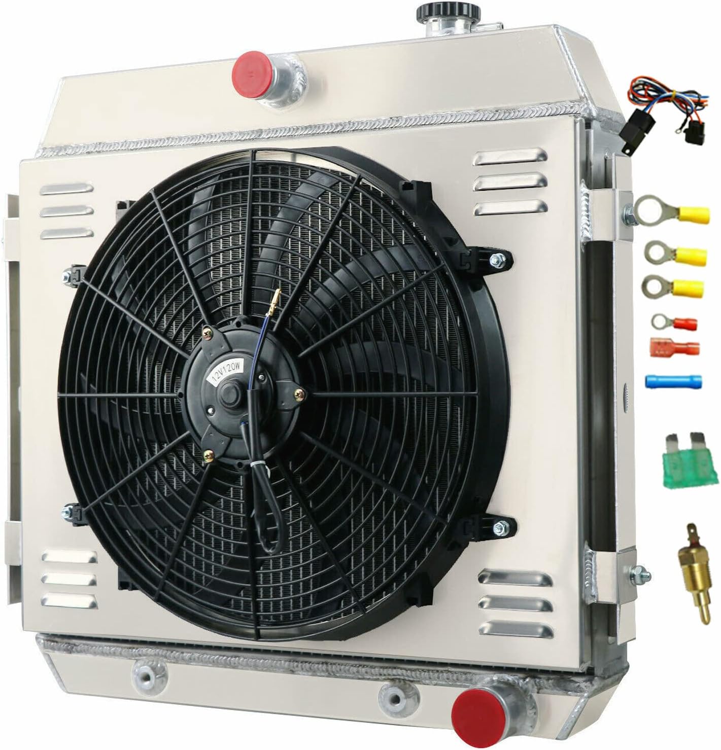 Aluminum Radiator For 1955 1956 1957 Chevy Bel Air One-Fifty Series Two-Ten Sedan Delivery Del Ray Nomad V8 MT MT 55 56 57 Radiators 4 Row Core Shroud Fan Relay