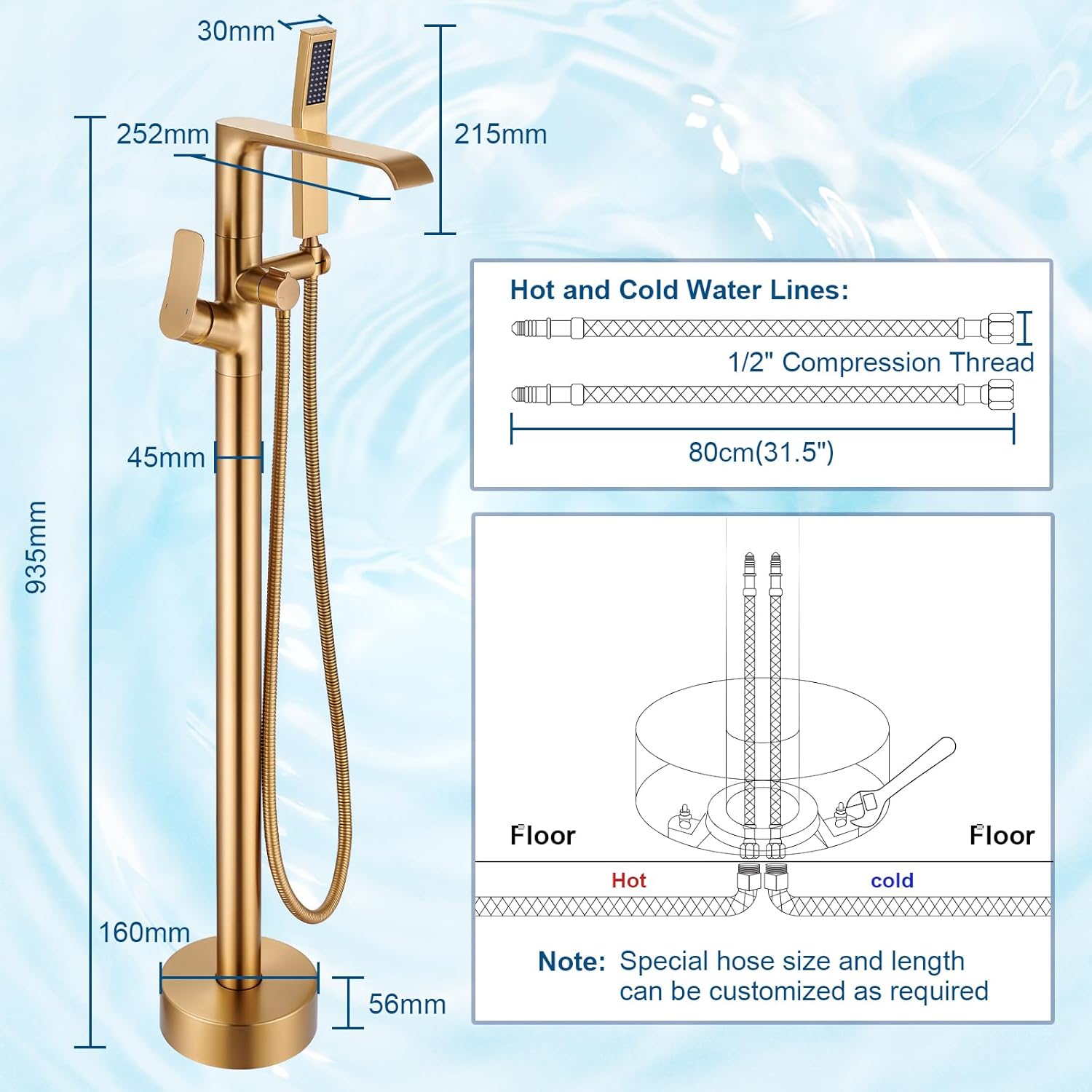 Floor Mount Tub Faucet Gold: Freestanding Bathtub Faucet with Handheld Spray Head - Gold Tub Filler Shower Faucet Set 360 Degree Swivel Waterfall Spout - Beelee