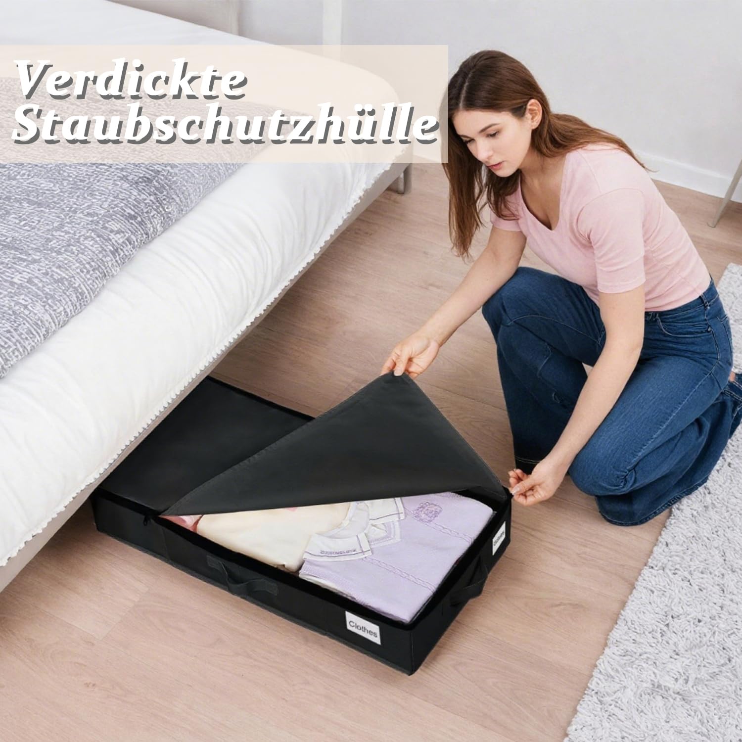 2 contenitori sotto il letto, 50 l, pieghevole, con coperchio, con rotelle, rotazione a 360°, contenitore per vestiti, giocattoli, scarpe (nero)