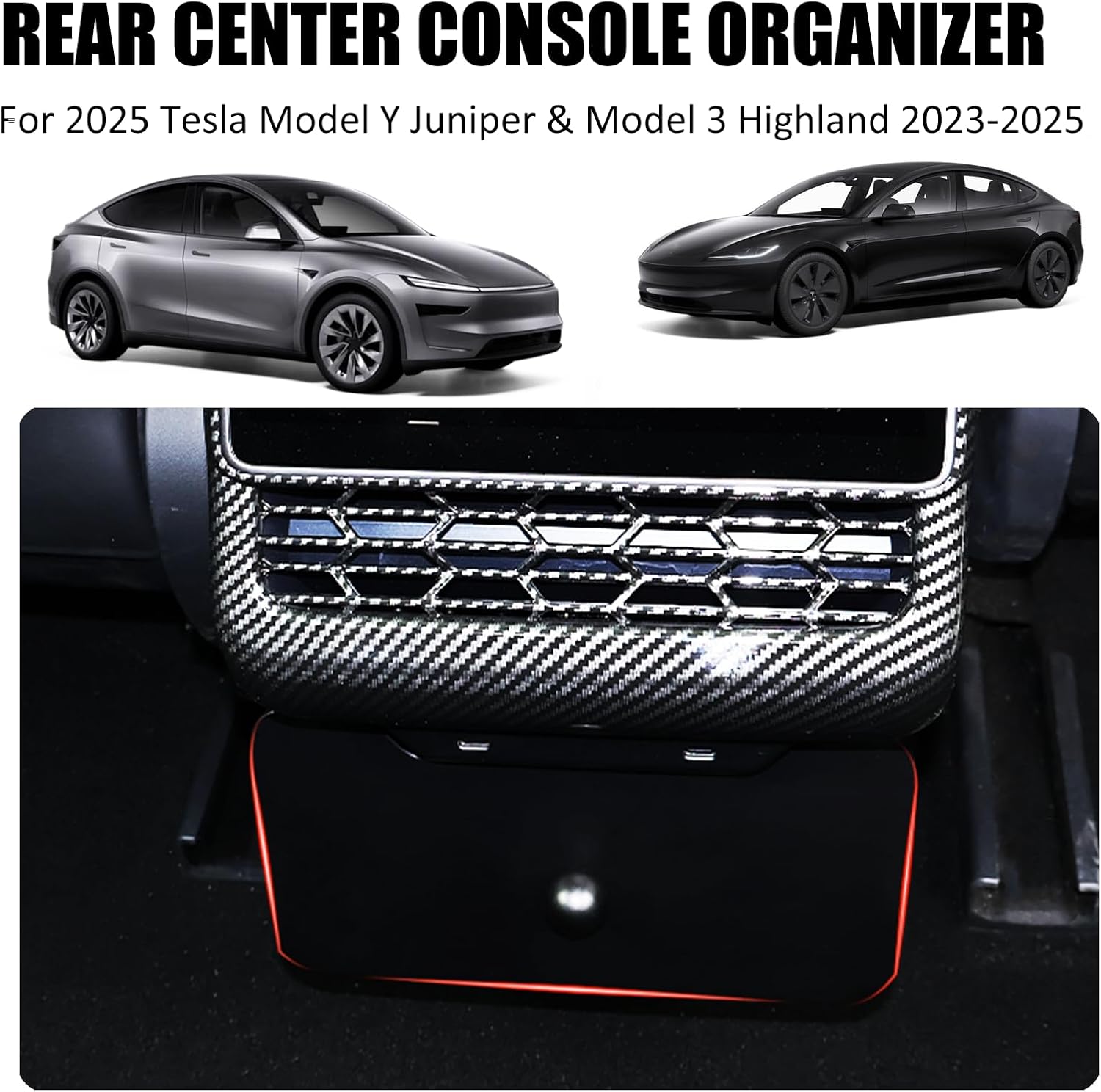 Backseat Storage Box for Tesla Model Y Juniper 2025-2026 & Tesla Model 3 Highland 2023-2025 Accessories - ABS Rear Center Console Organizer Tray with Lid Cover for Model 3 Interior Accessories