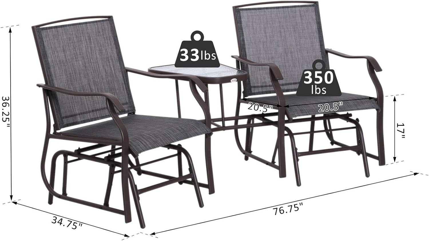 Outsunny 2 Person Outdoor Sling Fabric Double Glider Rocker Chair with Table, Grey : Patio, Lawn & Garden