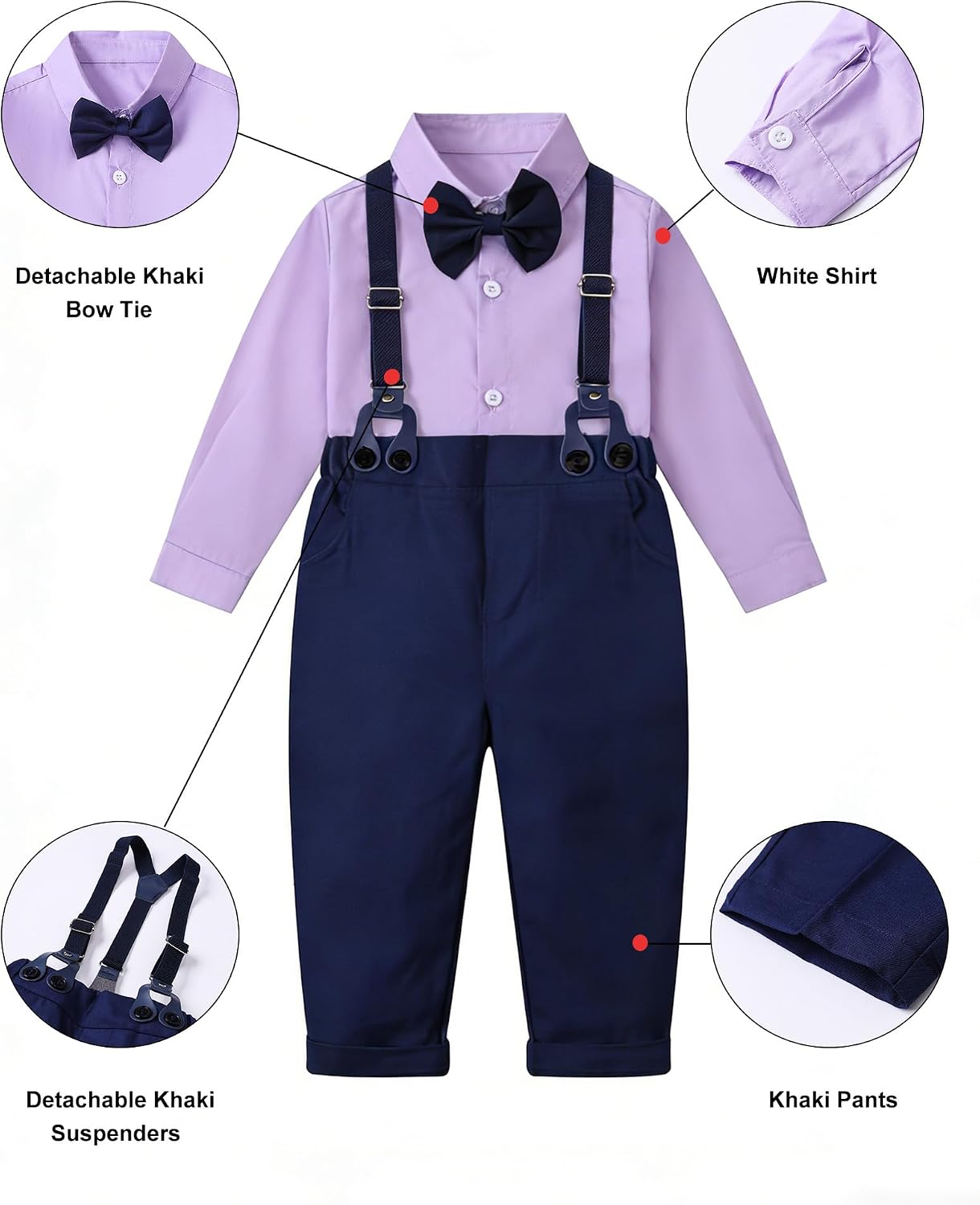 SANGTREE Baby Suits for Boys Gentleman Wedding Outfits Long Sleeve Dress Shirt Suspender Pants Bowtie Boy Clothes Set, 1-6T