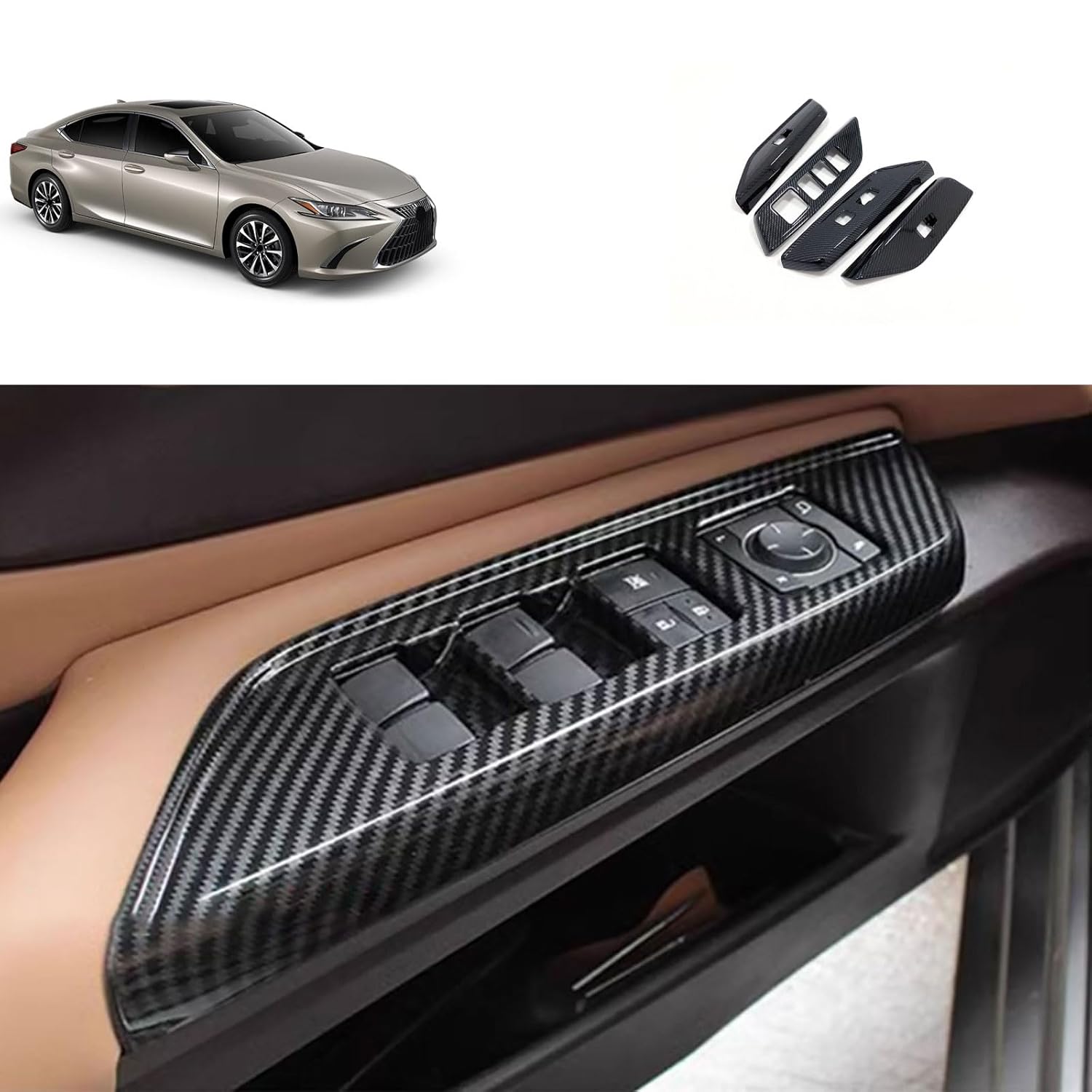 Door Window Switch Panel Cover Compatible with Lexus ES 250 350 300h 2025 2024 2023 2022-2019 Door Armrest Cover Window Lift Trim Interior Car Accessories ABS 4PC(Carbon Fiber Style)