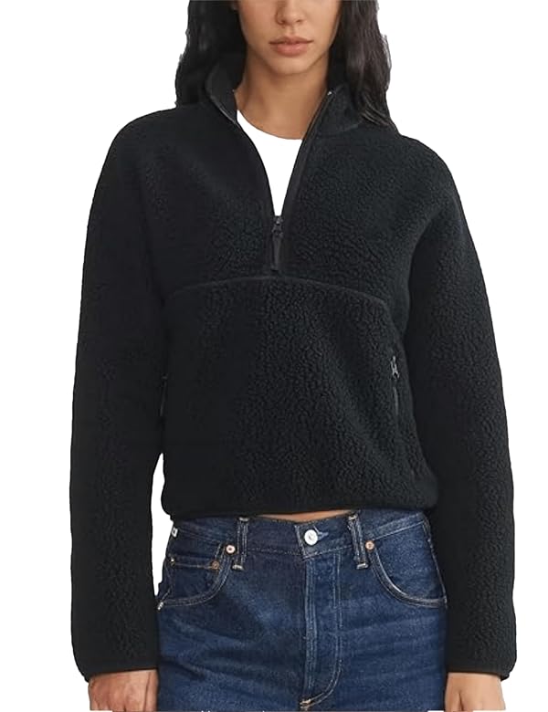 Aimiray Fleece Pullover Women Long Sleeve Half Zip Sherpa Jacket Warm Trendy Teddy Fall Sweatshirts with Side Pockets(Black-M) by Aimiray - Used condition - US$20.19