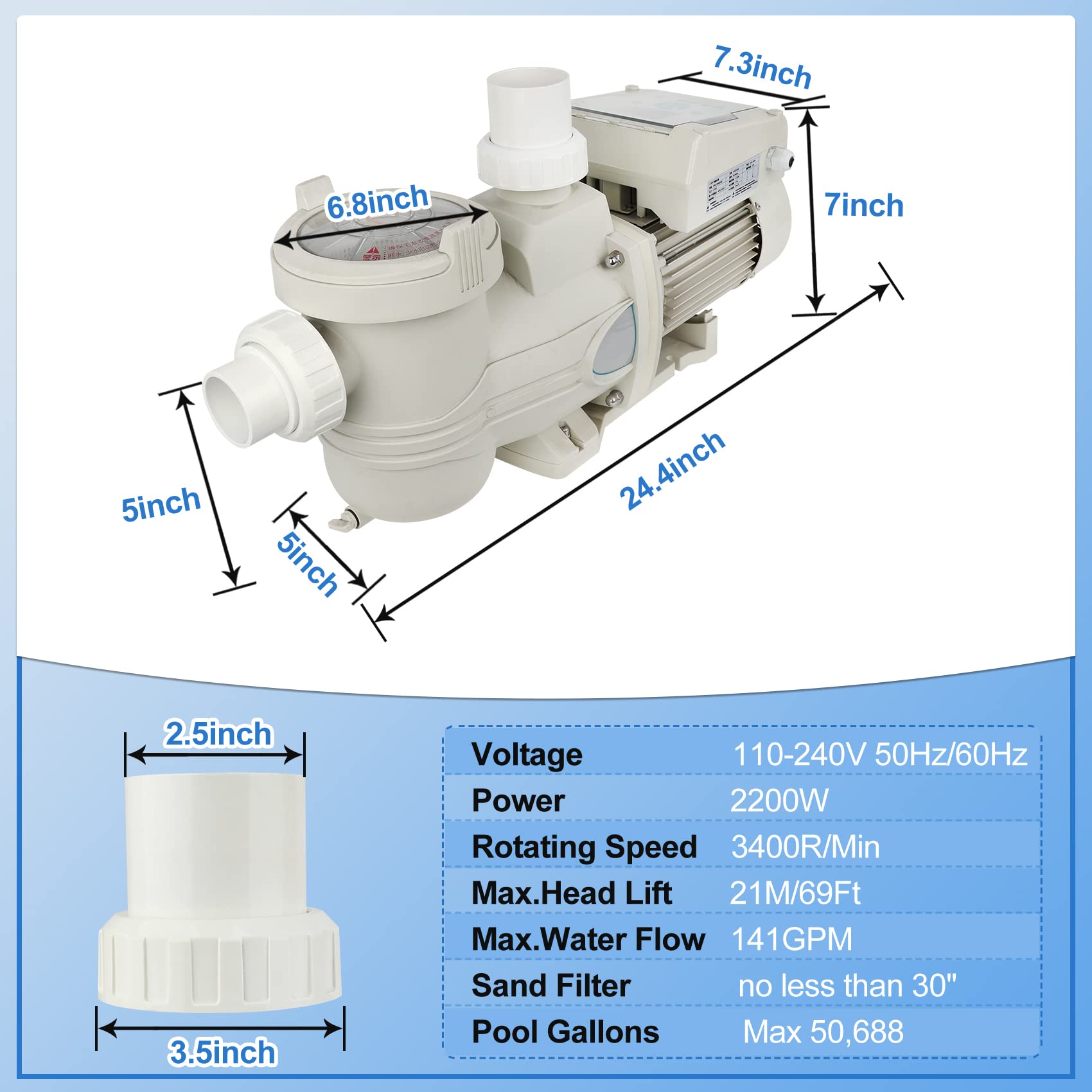 3HP Variable Speed Pool Pump Compatible with Pool Variable Speed Pump, 2200W High-Power Pool Pump Replacement for SuperFlo VS and whisperFlo VST Pool Pump, Wide Voltage Indoor/Ground Pool Pump