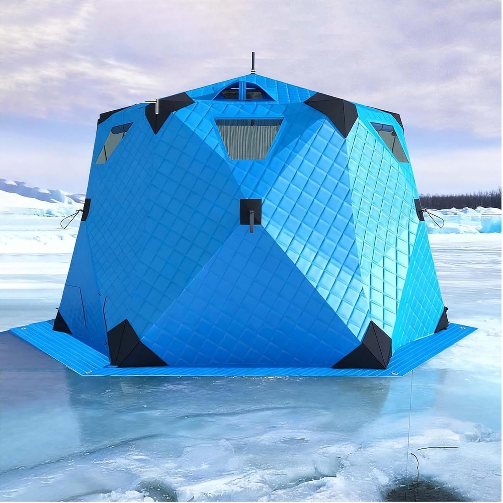 Tenda da Pesca Invernale,Riparo per La Pesca sul Ghiaccio con Fornello E Pavimento,Tenda Portatile con Strato Isolante 420D,Capanna di Ghiaccio Esagonale per La Pesca sul Ghiaccio Blue