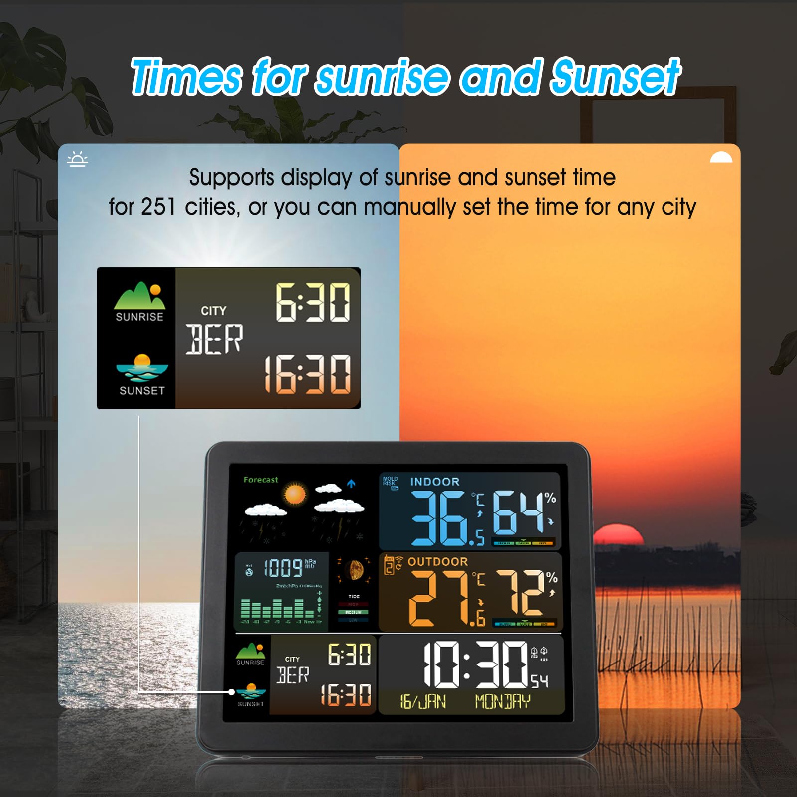 Stazione Meteo Con Sensore Esterno – Schermo A Colori – Previsioni, Umidità, Pressione E Fasi Lunari – Alimentazione USB O Batteria – Multilingue