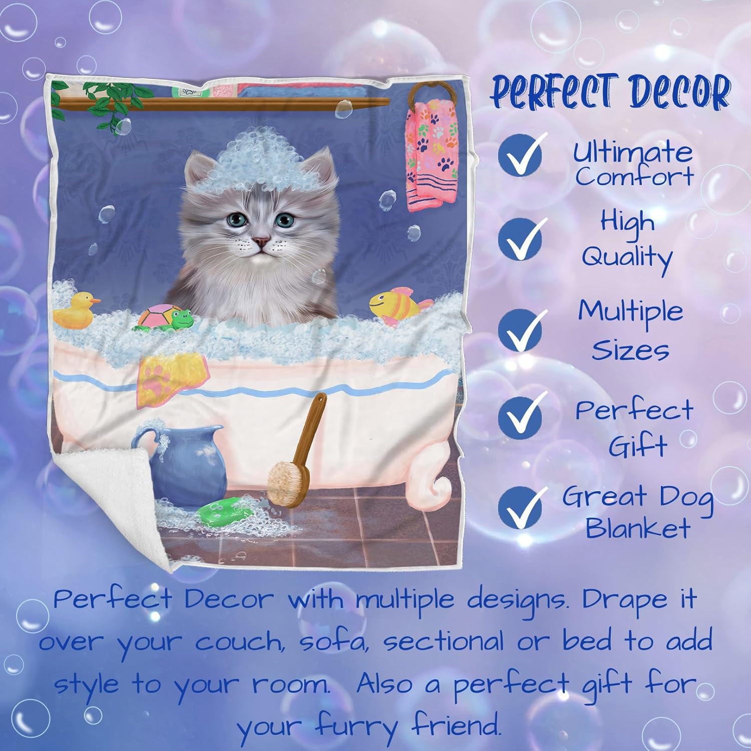 Rub A Dub Dog in A Tub Siberian Cat Blanket - Lightweight Soft Cozy and Durable Bed Blanket - Animal Theme Fuzzy Blanket for Sofa Couch BLNKT63496 (60x80 Fleece)