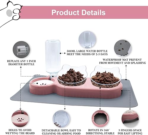Miniatura 4 de Tazones triples para gatos con dispensador de agua, juego de cuencos de agua y alimentos para mascotas con alfombrilla antideslizante y cuchara,