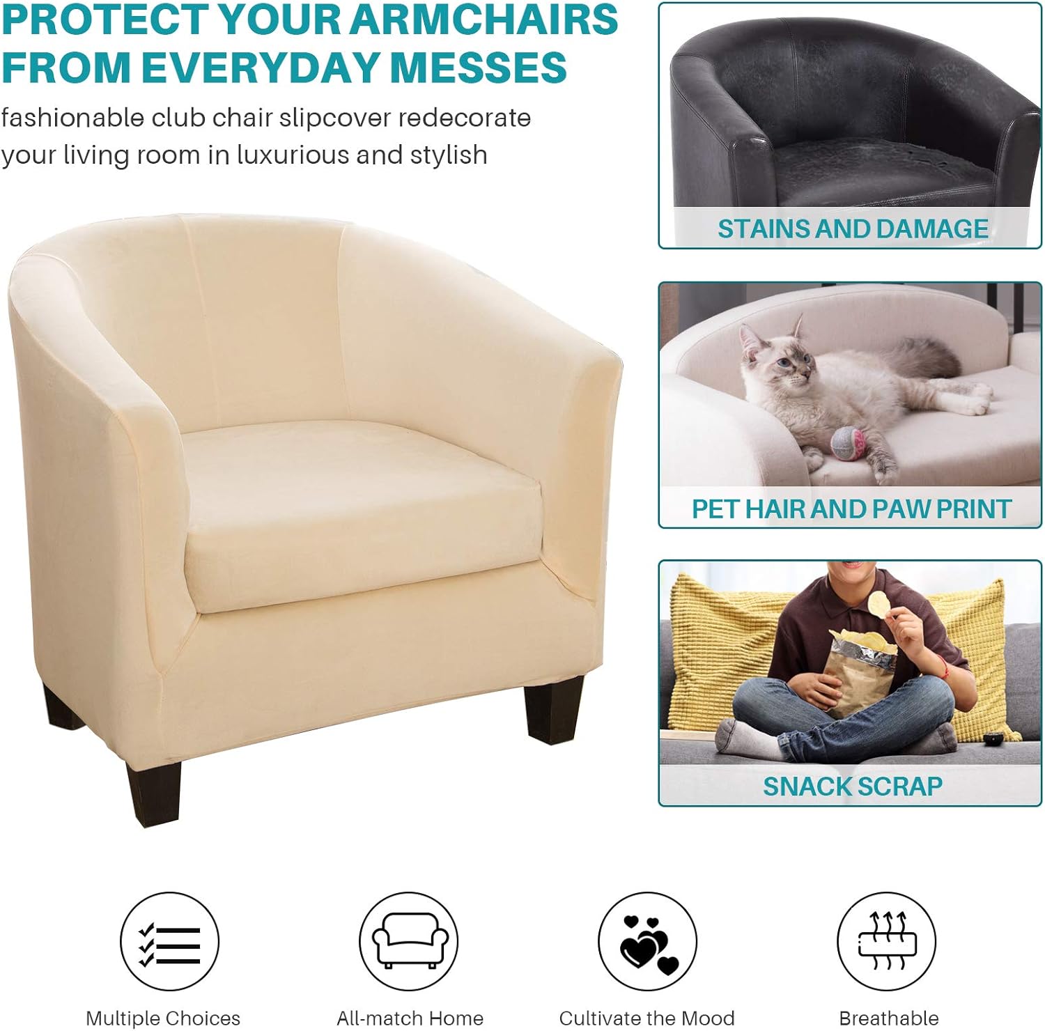 Club Chair Slipcover with Cushion Cover, 2 Pcs Velvet Tub Chair Cover,Removable High Stretch Soft Sofa Cover Armchair,Skid Resistance Furniture Protector for Bar Counter Living Room (Beige)